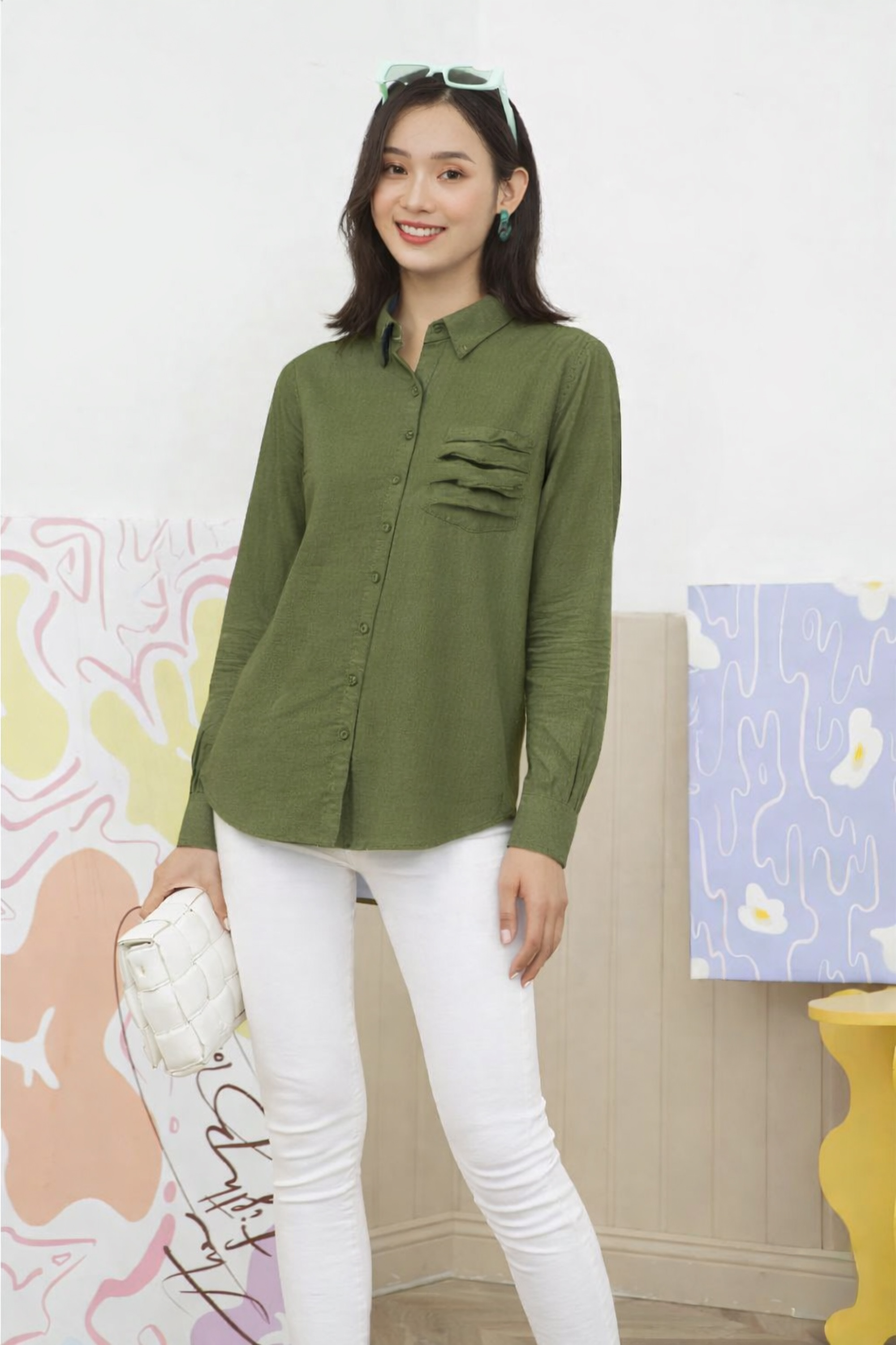 SWANLAKE | Áo Sơ Mi Nữ Trơn Basic Vải Linen Có Túi Tay Dài Công Sở Thanh Lịch Nhiều Màu A11890LW01