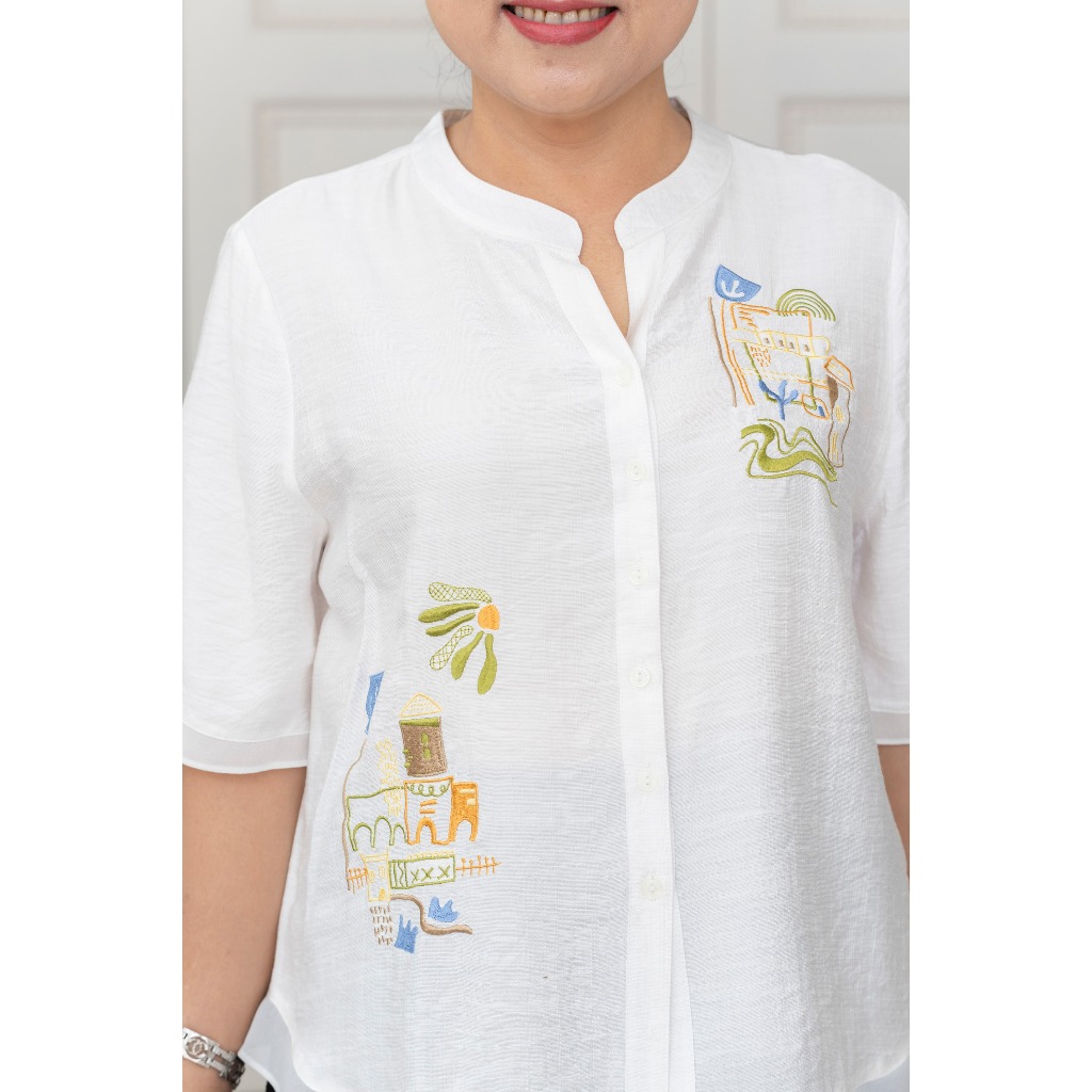 M-Collection - Áo Sơ Mi Cổ Trụ Tay Ngắn Thêu Đối Xứng Chất Liệu Vải Lụa Hàn - A12096LW01