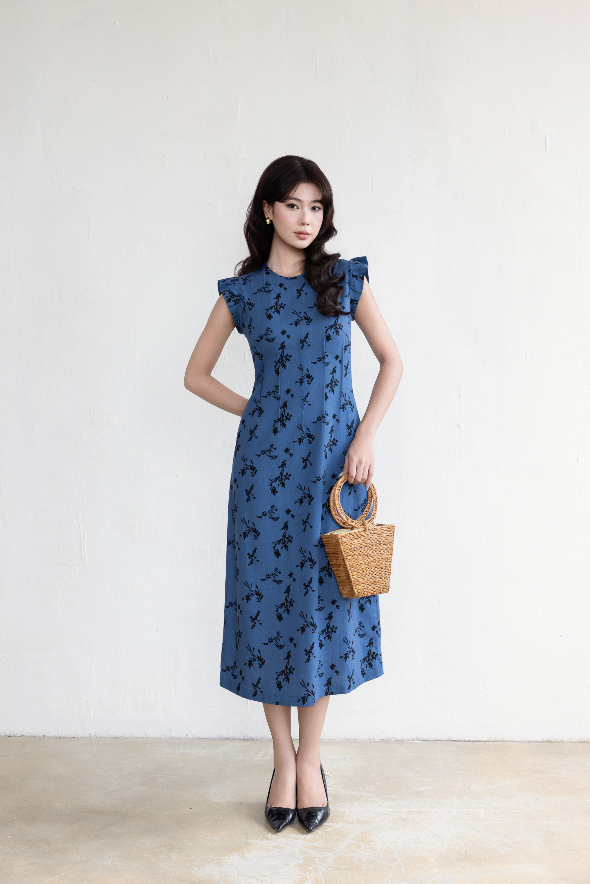 SWANLAKE | Váy Đầm Nữ Chiết Eo Tôn Dáng Vải Linen Bông Cổ Tròn Tay Cánh Tiên Thanh Lịch D13642LW01