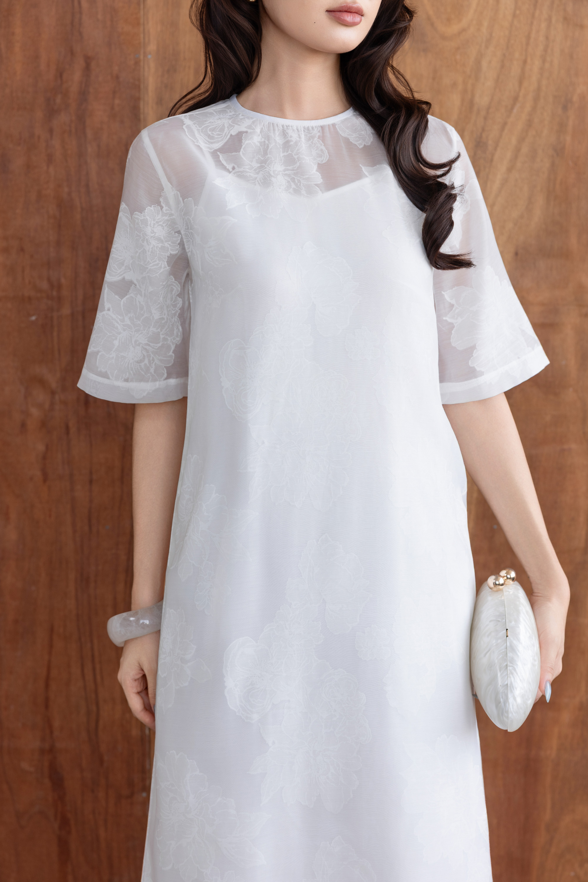 SWANLAKE | Váy Đầm Maxi Suông Nữ Hai Lớp Tay Ngắn Cổ Tròn Vải Tơ Hoa Cao Cấp Đi Tiệc Du Lịch D12064LW05
