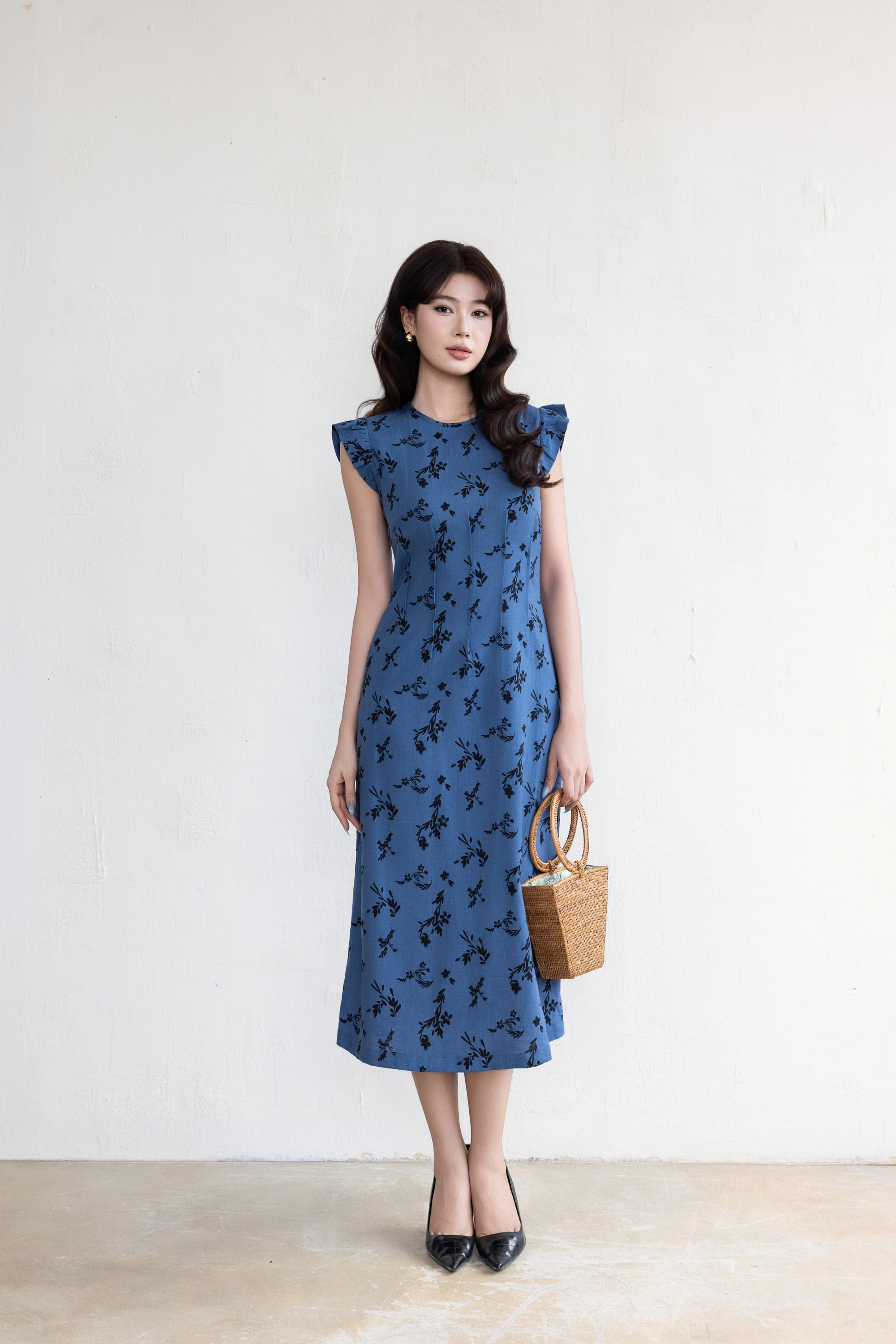 SWANLAKE | Váy Đầm Nữ Chiết Eo Tôn Dáng Vải Linen Bông Cổ Tròn Tay Cánh Tiên Thanh Lịch D13642LW01