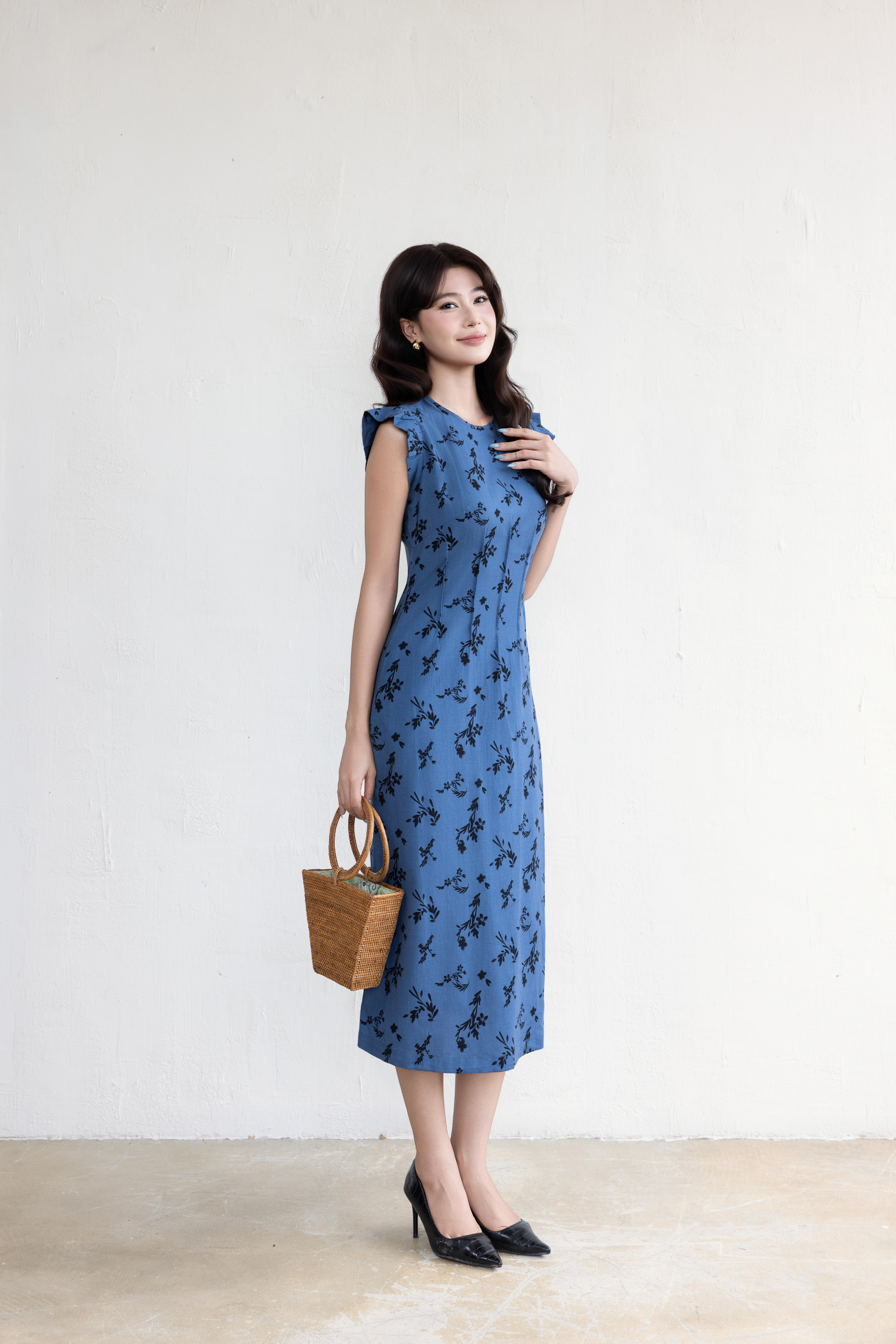 SWANLAKE | Váy Đầm Nữ Chiết Eo Tôn Dáng Vải Linen Bông Cổ Tròn Tay Cánh Tiên Thanh Lịch D13642LW01
