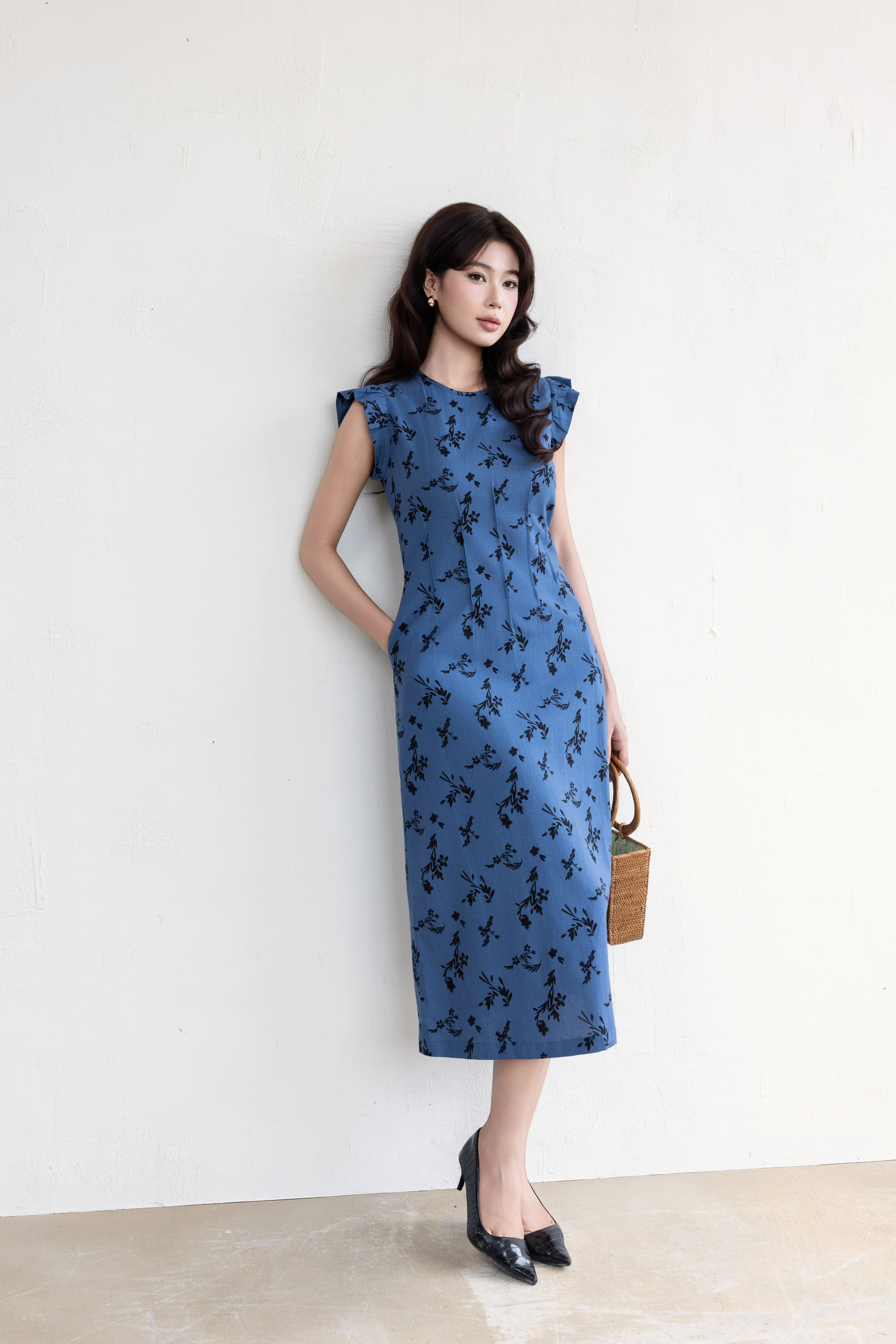 SWANLAKE | Váy Đầm Nữ Chiết Eo Tôn Dáng Vải Linen Bông Cổ Tròn Tay Cánh Tiên Thanh Lịch D13642LW01