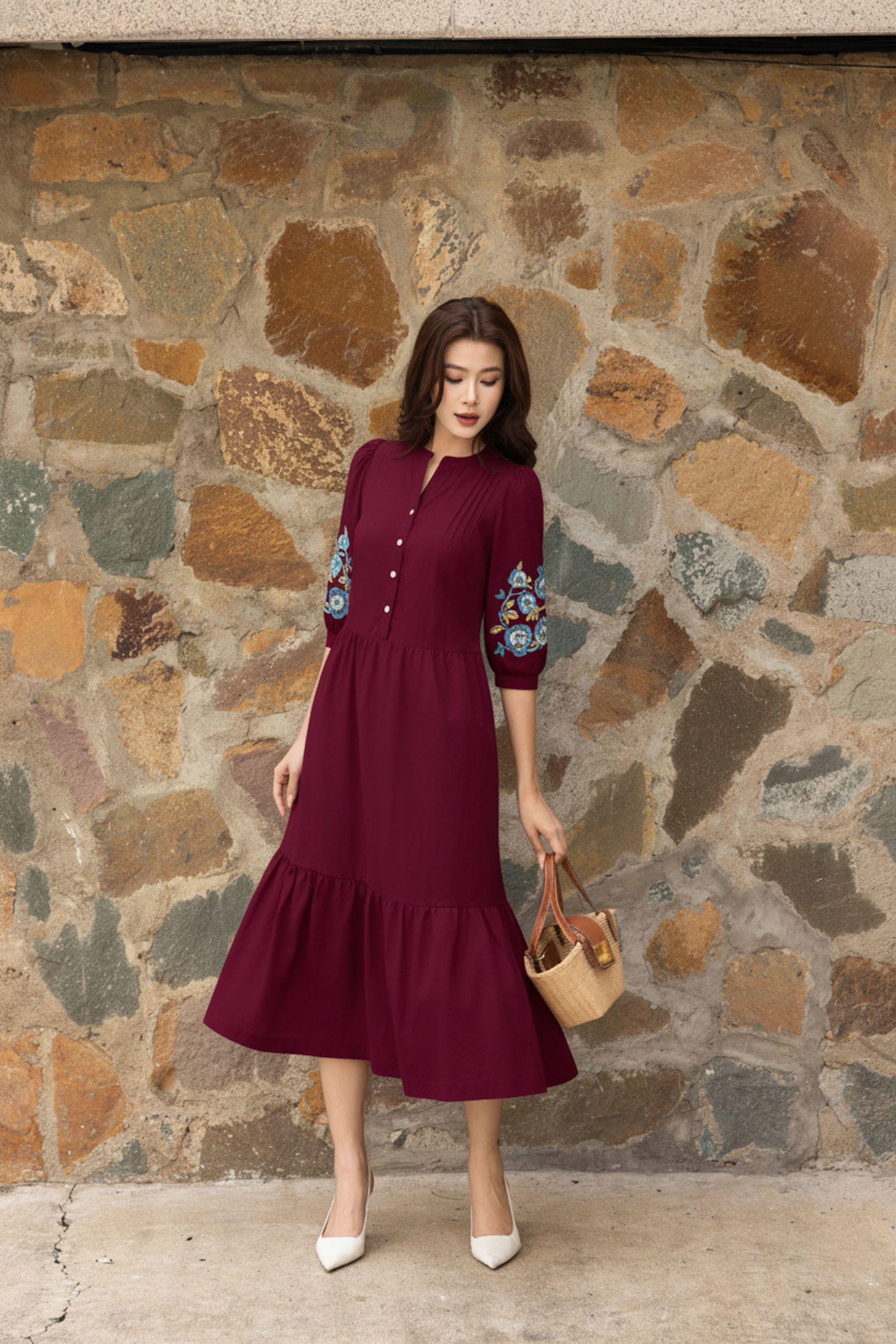 SWANLAKE | Váy Đầm Nữ Maxi Đuôi Cá Xòe Vải Cotton Tay Lỡ Thêu Hoa Cổ Trụ Cài Nút Công Sở D13567LW01