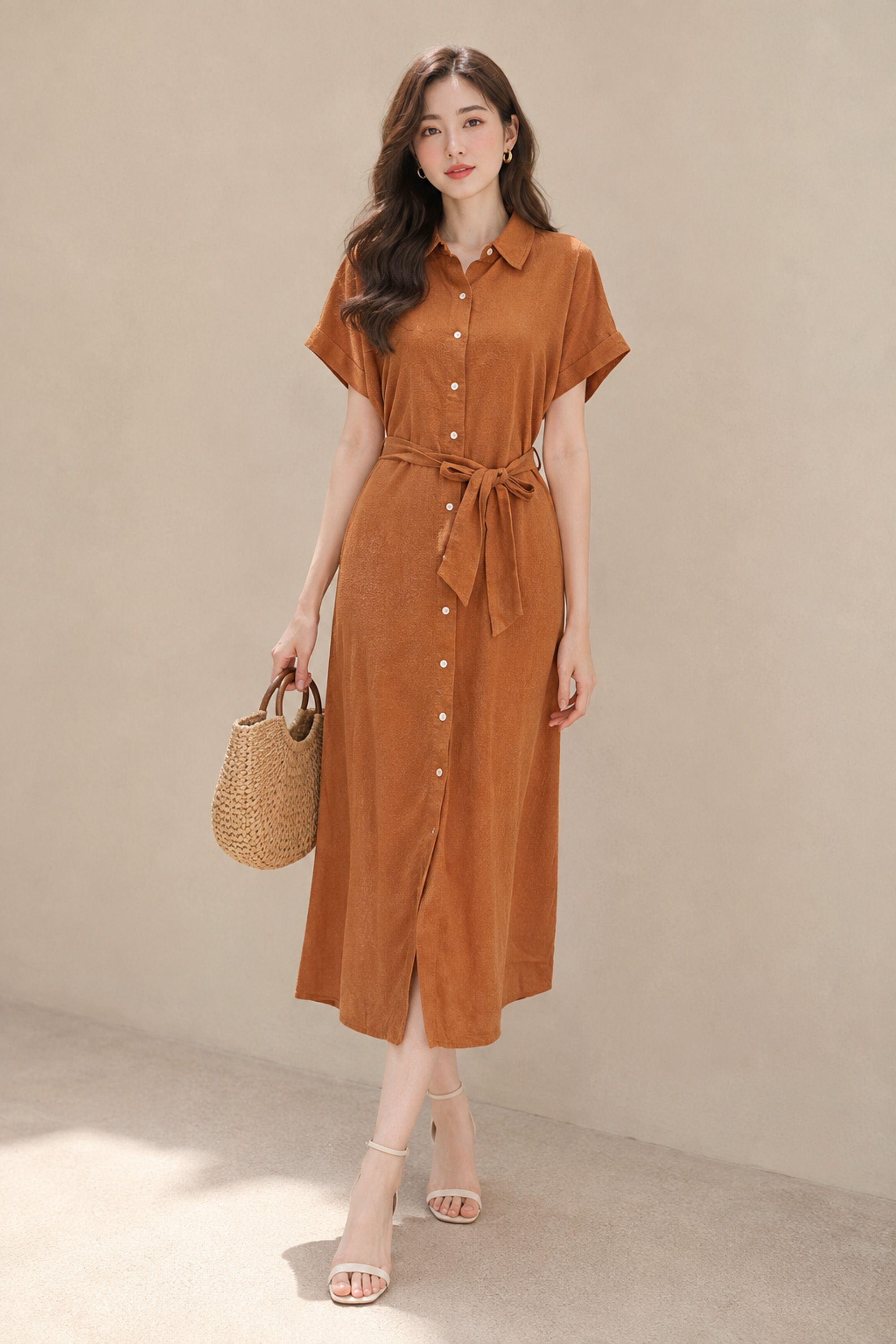 SWANLAKE | Váy Đầm Nữ Sơ Mi Suông Dài Cài Nút Vải Linen Tay Ngắn Dây Thắt Eo Công Sở D14046LW01