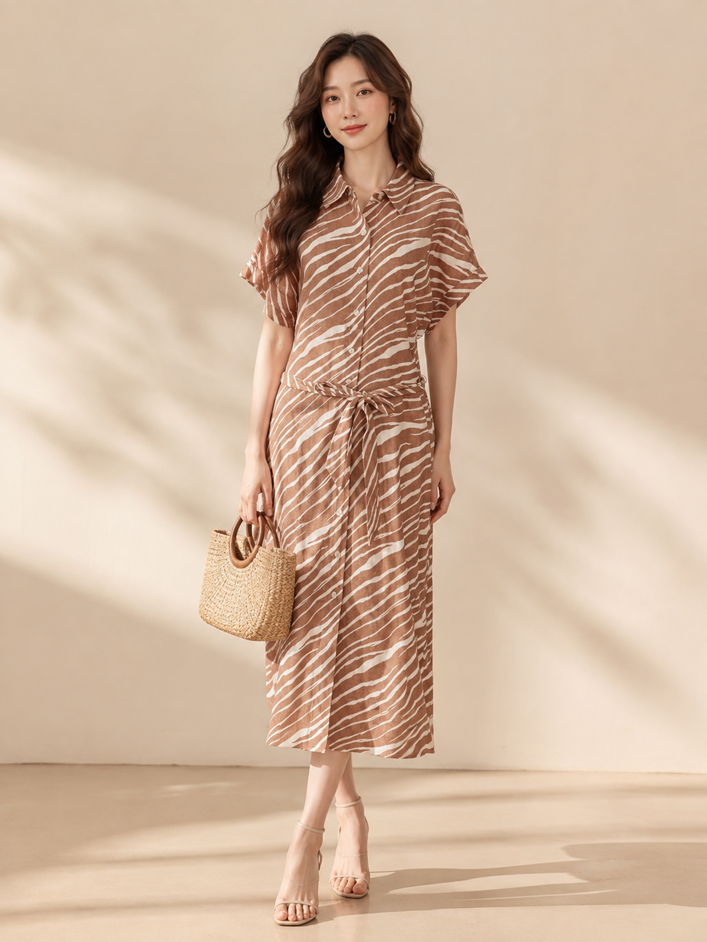 SWANLAKE | Váy Đầm Nữ Sơ Mi Suông Dài Cài Nút Vải Linen Tay Ngắn Dây Thắt Eo Công Sở D14046LW01
