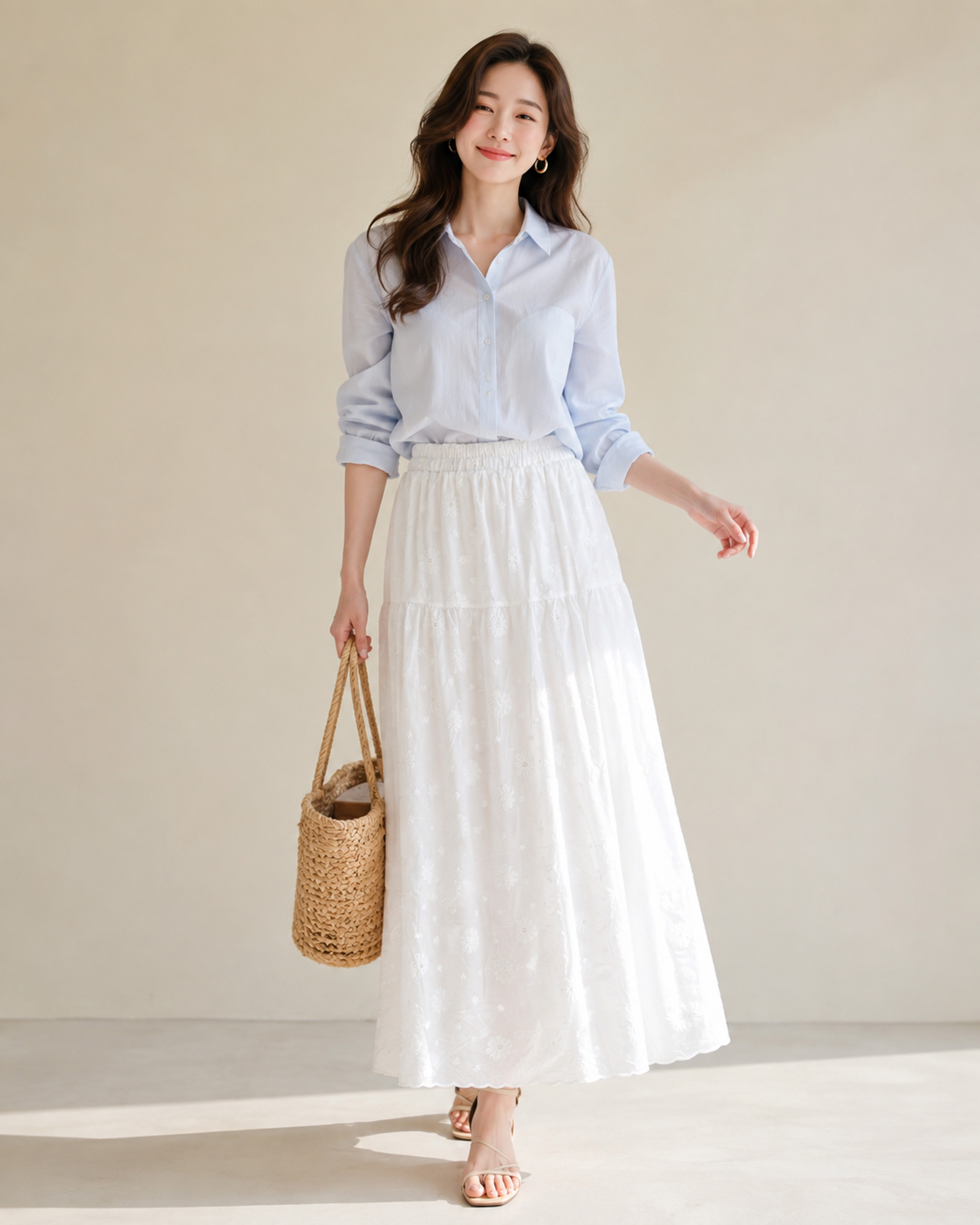 SWANLAKE | Chân Váy Nữ Maxi Trắng Dài Dáng Phồng Xoè Basic Vải Cotton Thêu Hoa Thanh Lịch V14112MW01