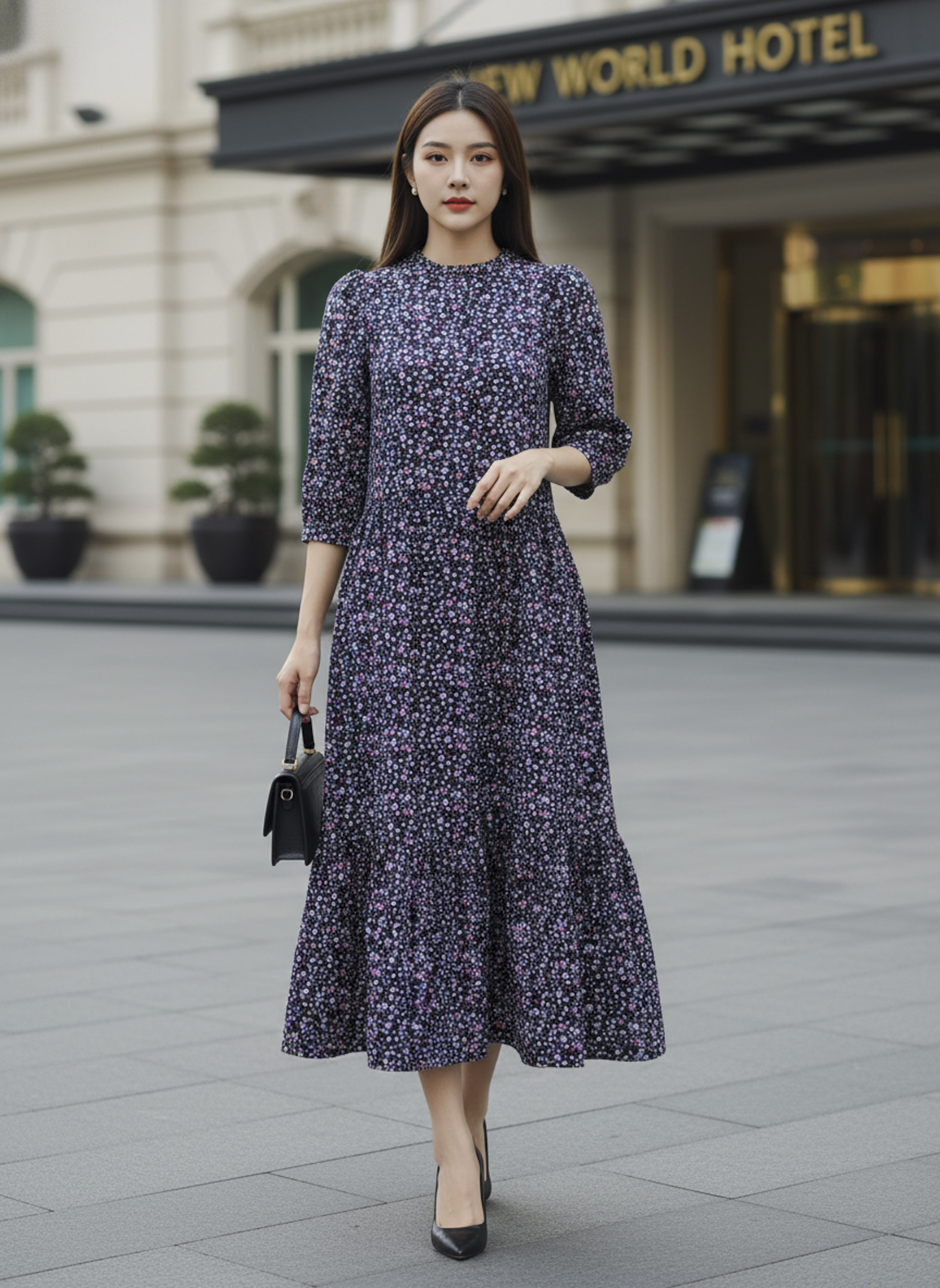 SWANLAKE | Váy Đầm Nữ Maxi Dáng Dài Cổ Trụ Cài Nút Tay Lỡ Linen Bông Nhí Xếp Ly Đuôi Cá D12355LW11