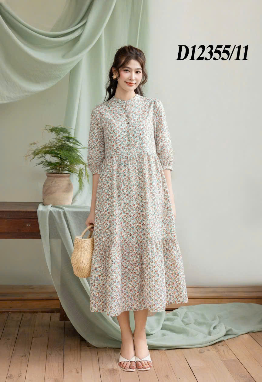 SWANLAKE | Váy Đầm Nữ Maxi Dáng Dài Cổ Trụ Cài Nút Tay Lỡ Linen Bông Nhí Xếp Ly Đuôi Cá D12355LW11