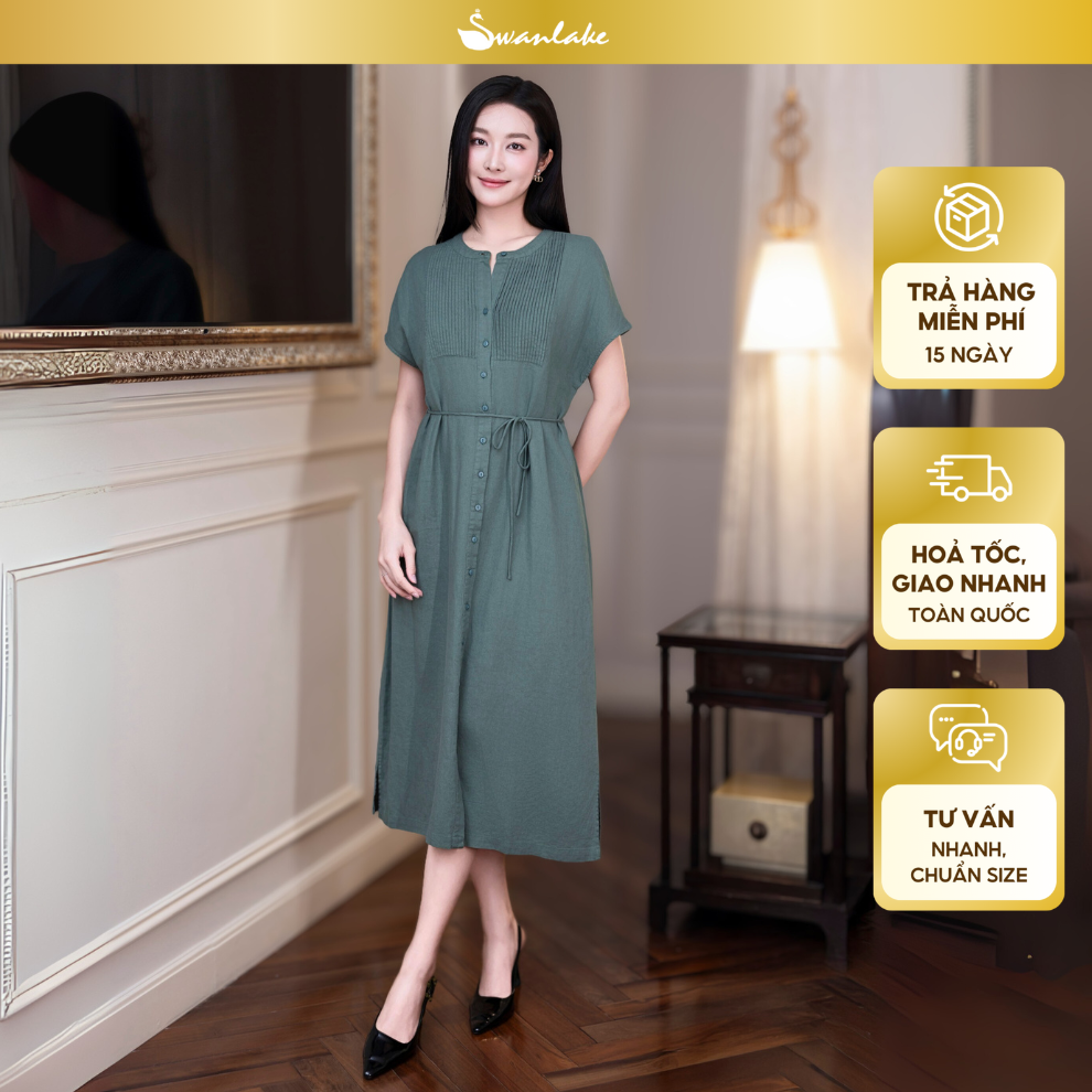 SWANLAKE | Váy Đầm Nữ Midi Suông Cổ Trụ Cài Nút Xếp Ly Vải Linen Dây Thắt Eo Xẻ Tà Công Sở D12752LW01