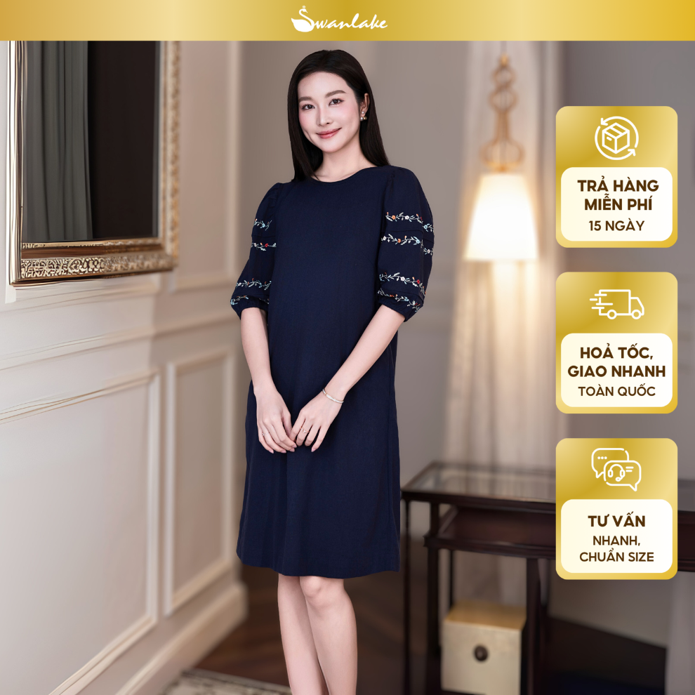 SWANLAKE | Váy Đầm Nữ Suông Vải Linen Tay Bí Lỡ Thêu Hoa Cổ Tròn Có Túi Công Sở Thanh Lịch D12768LW01