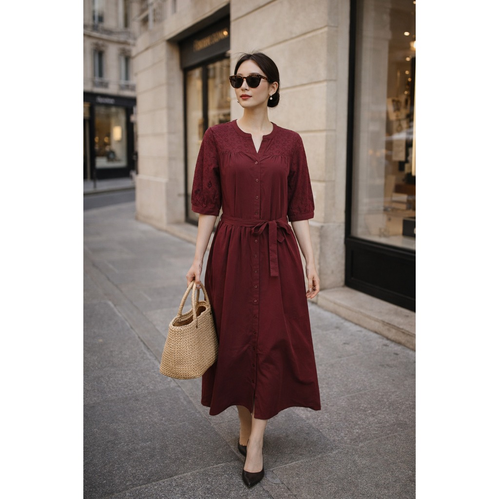 SWANLAKE | Váy Đầm Nữ Maxi Suông Cổ Trụ Cài Nút Cotton Phối Ren Dây Thắt Eo Tay Lỡ Công Sở D12821LW01