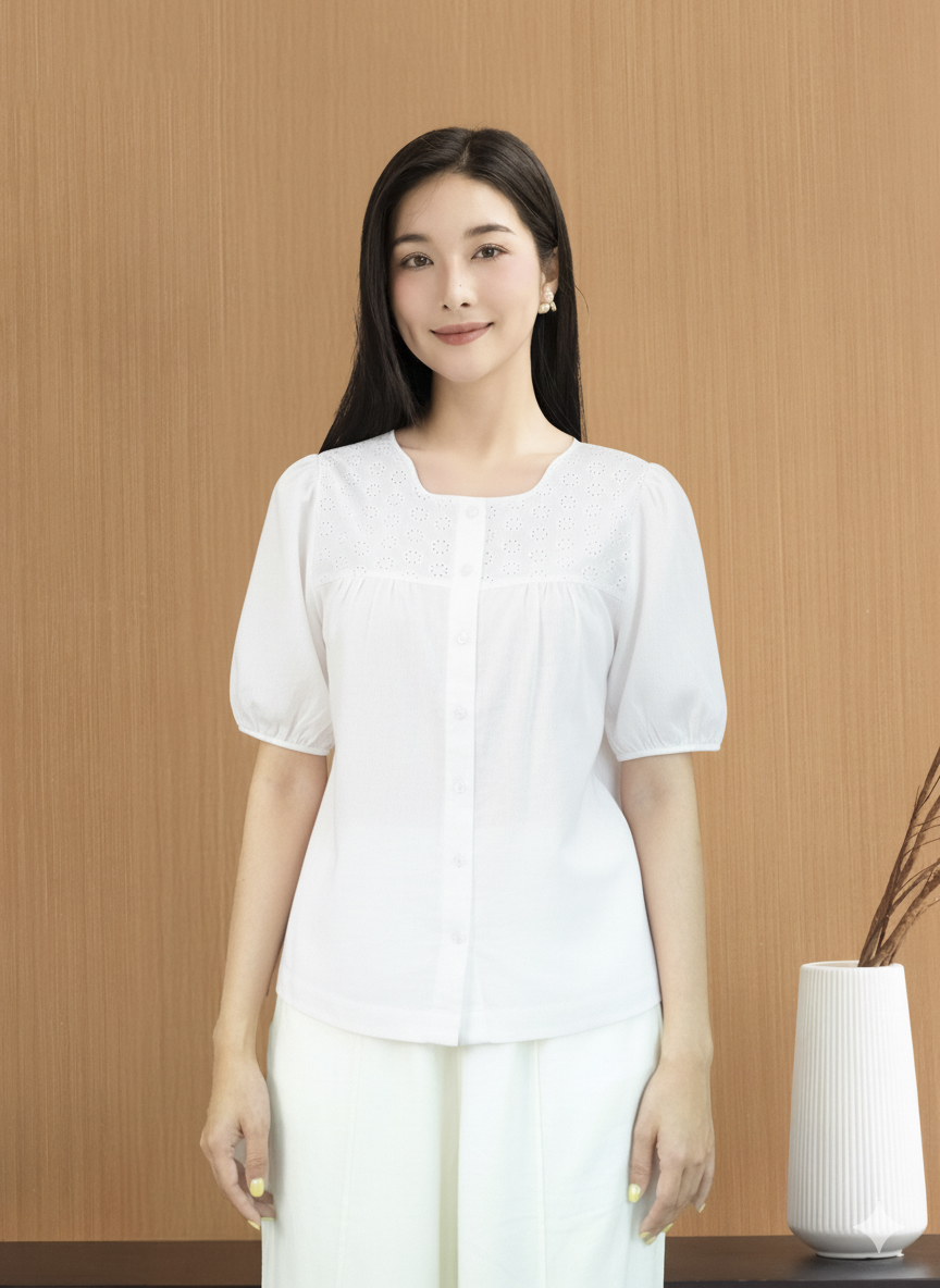 SWANLAKE | Áo Kiểu Nữ Tay Phồng Bo Chun Vải Linen Phối Ren Hoa Đục Lỗ Cài Nút Thanh Lịch A12891LW01