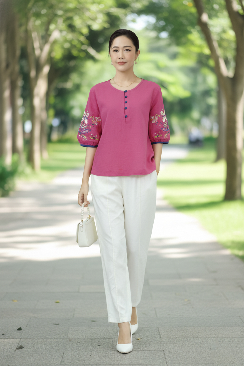 M COLLECTION | Áo Kiểu Nữ Trung Niên Tặng Mẹ, Bà Cổ Tròn Cài Nút Vải Linen Thêu Hoa Tay Lỡ A13037LW01