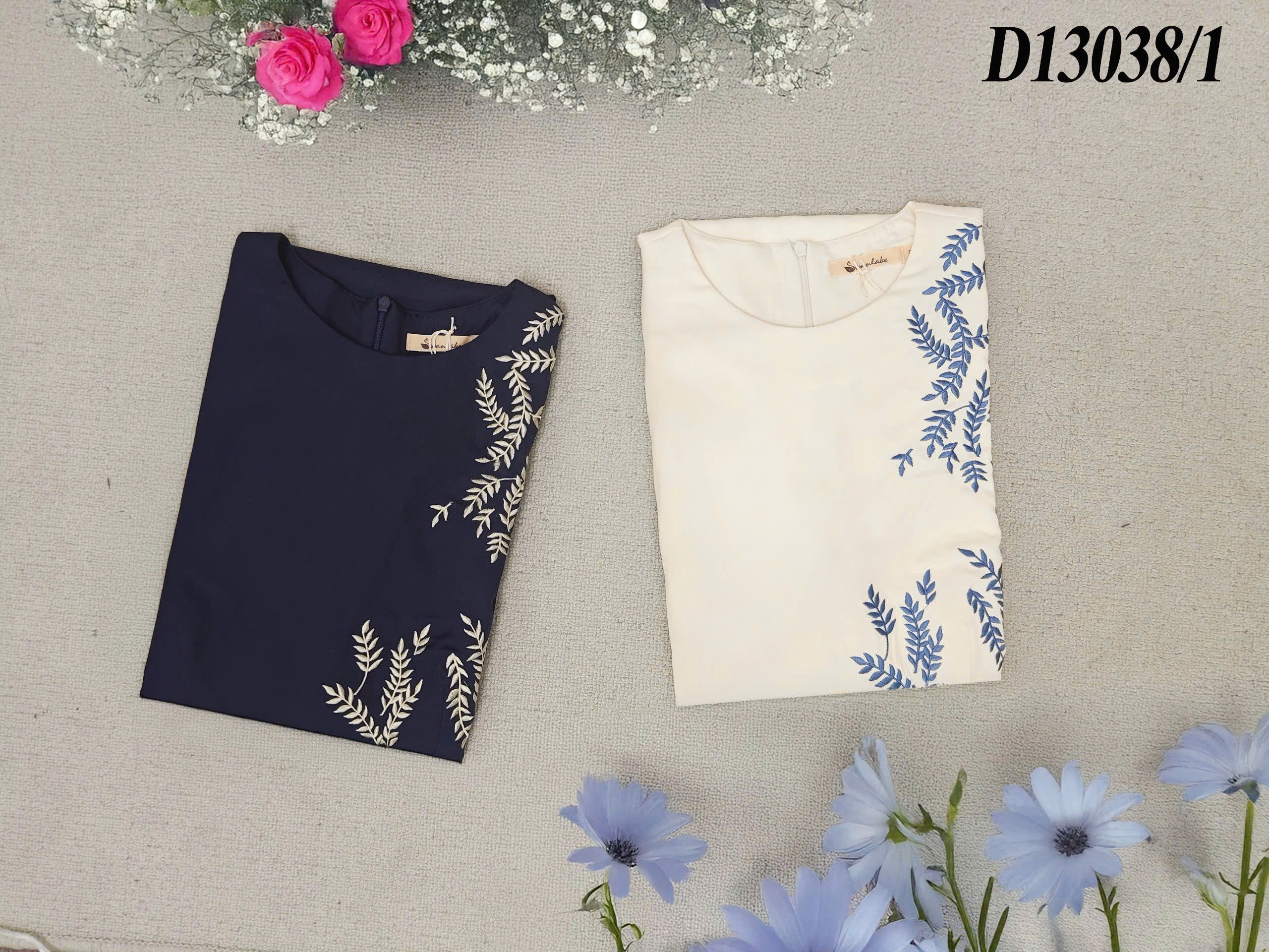 Váy Đầm Nữ Suông Cổ Tròn Vải Lụa Dày Thêu Hoa Nhấn Eo Tay Ngắn Sang Trọng Đi Tiệc D13038LW01