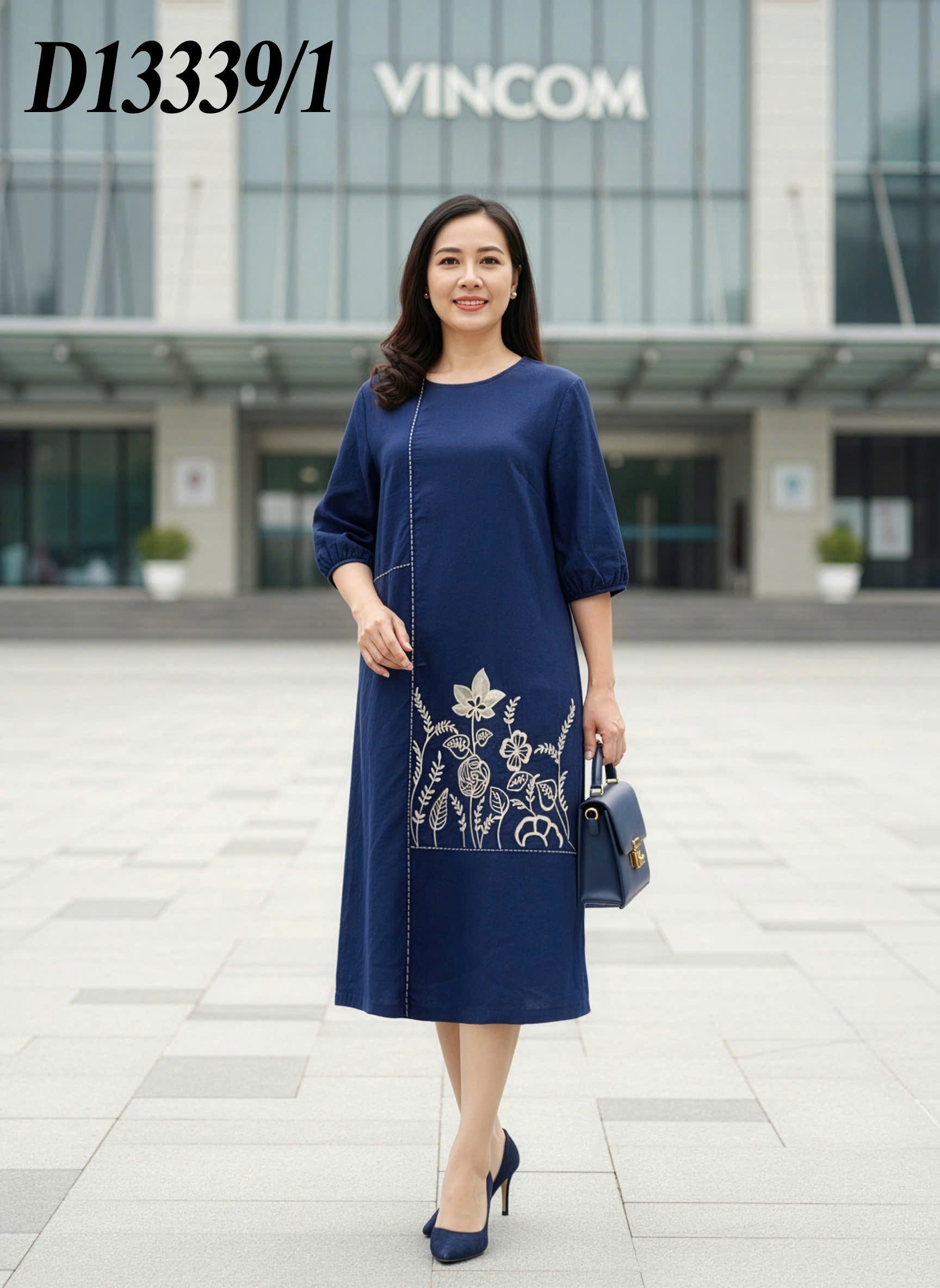 SWANLAKE | Váy Đầm Nữ Midi Suông Cổ Tròn Tay Lỡ Vải Linen Thêu Hoa Cao Cấp Công Sở Dạo Phố D13339LW01