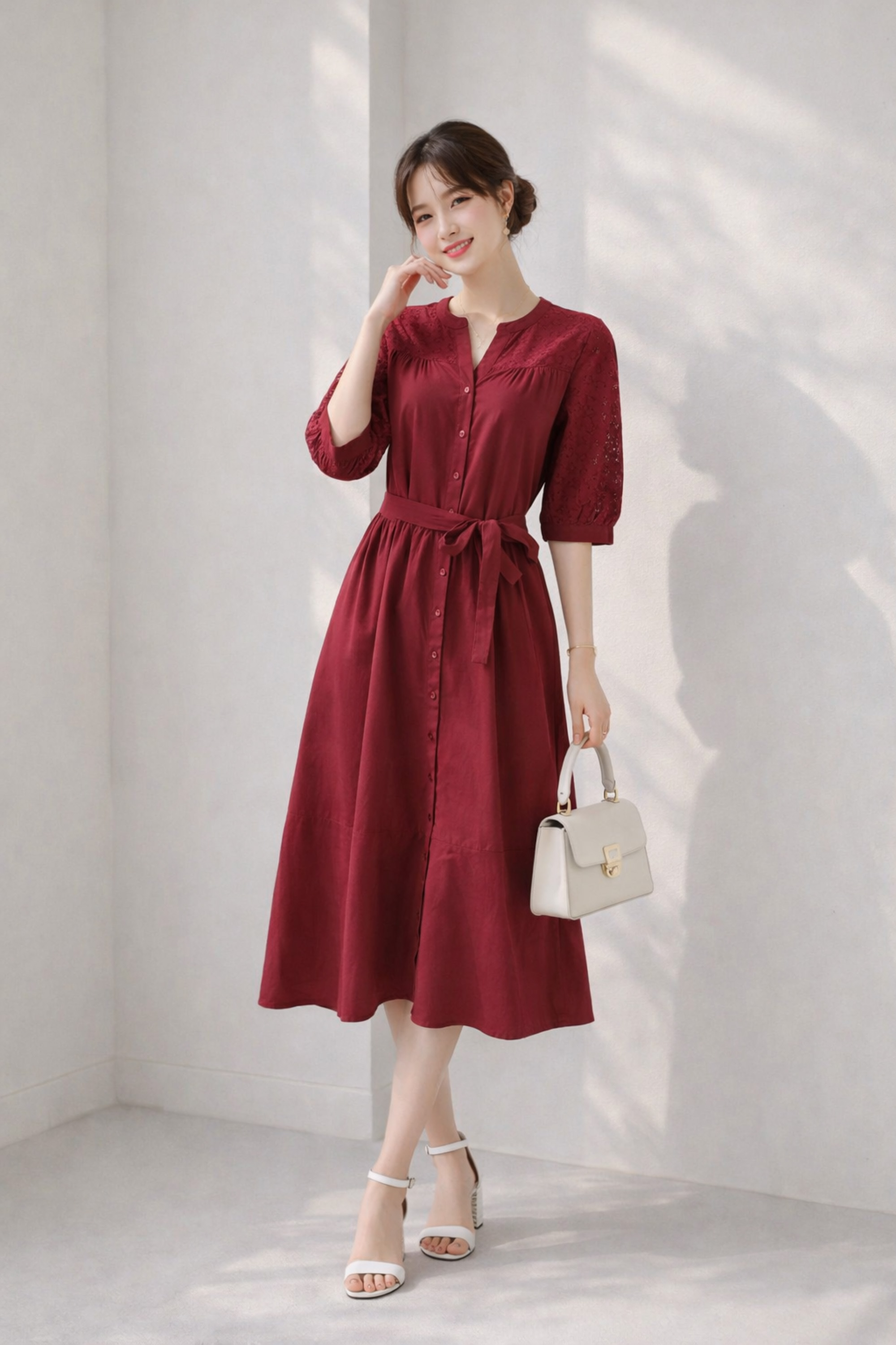 SWANLAKE | Váy Đầm Nữ Maxi Suông Cổ Trụ Cài Nút Cotton Phối Ren Dây Thắt Eo Tay Lỡ Công Sở D12821LW01