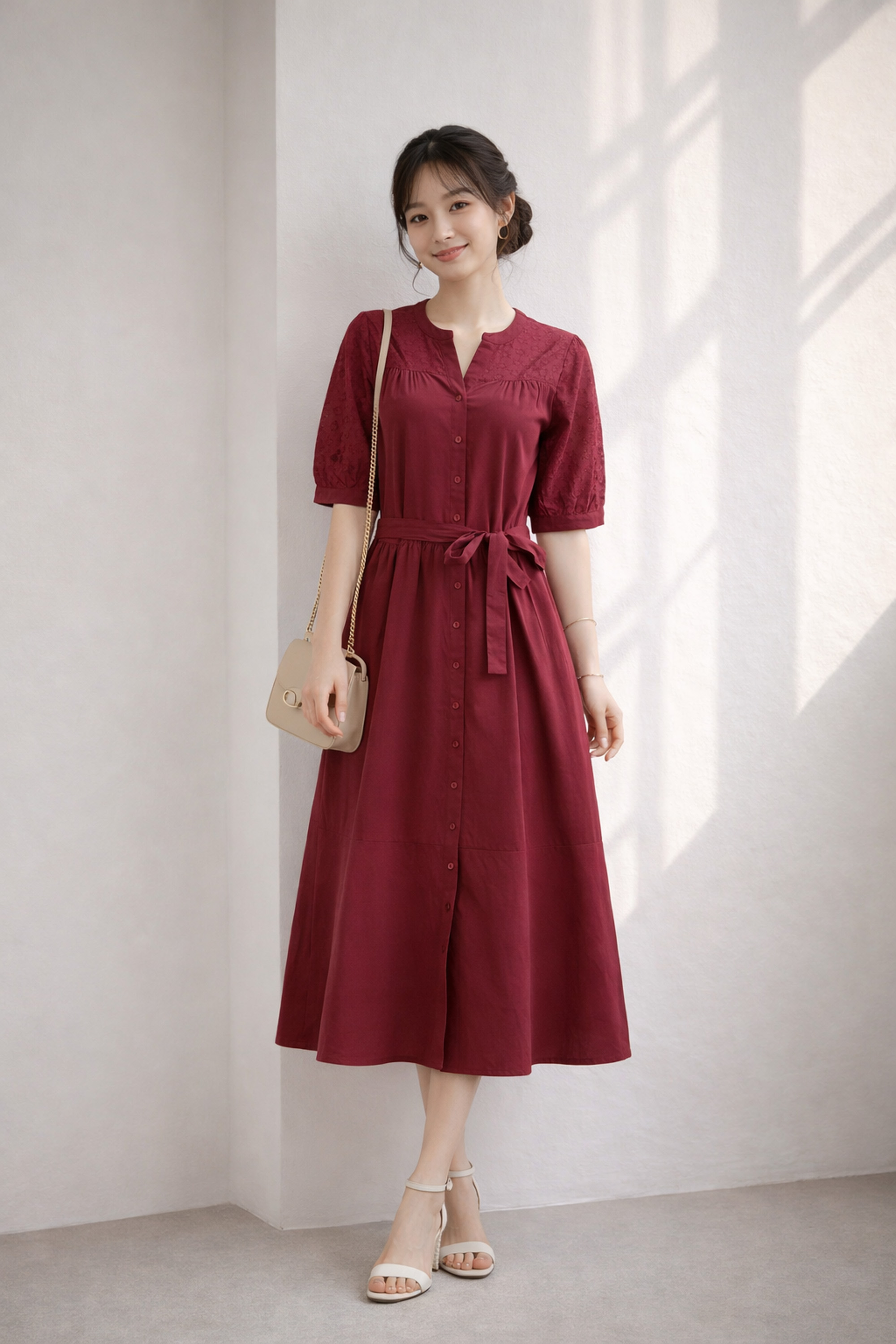 SWANLAKE | Váy Đầm Nữ Maxi Suông Cổ Trụ Cài Nút Cotton Phối Ren Dây Thắt Eo Tay Lỡ Công Sở D12821LW01
