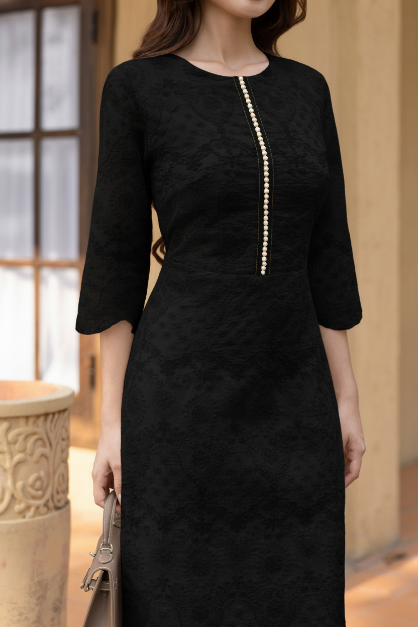 SWANLAKE | Váy Đầm Nữ Phối Ren Hoa Cao Cấp Cổ Tròn Tay Lỡ Chiết Eo Xẻ Tà Tiệc Sang Trọng D13395LW01