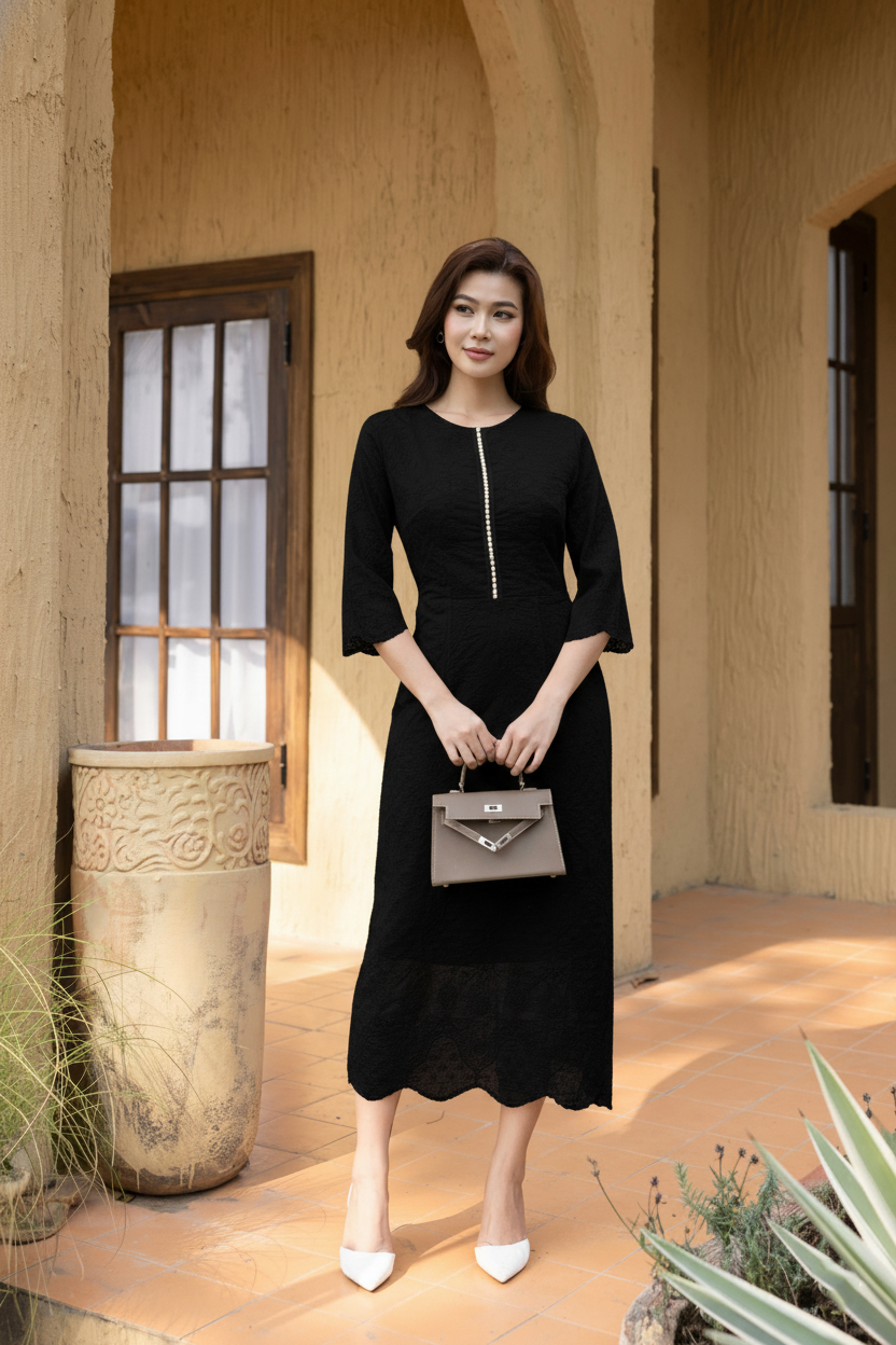 SWANLAKE | Váy Đầm Nữ Phối Ren Hoa Cao Cấp Cổ Tròn Tay Lỡ Chiết Eo Xẻ Tà Tiệc Sang Trọng D13395LW01