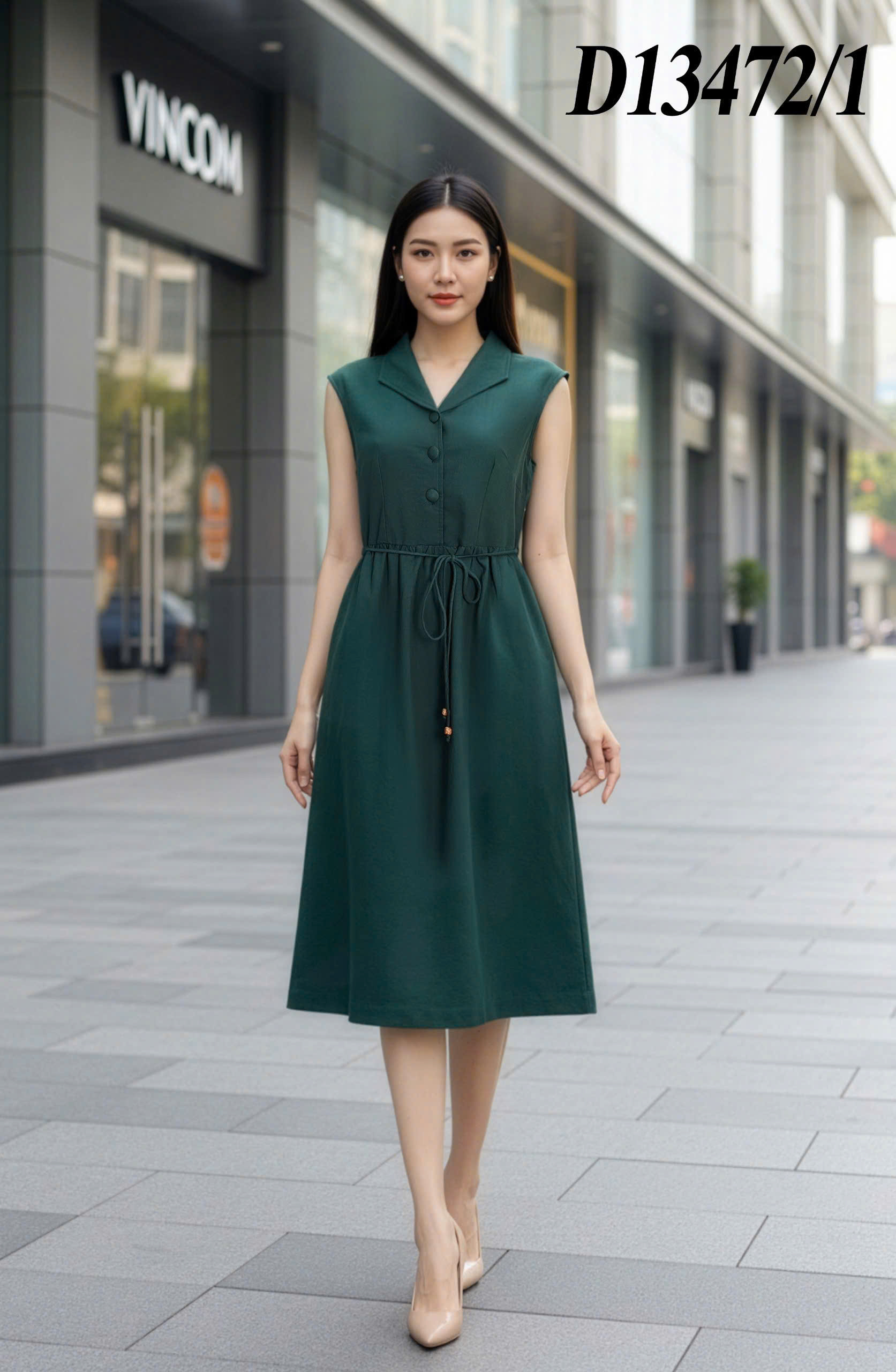 SWANLAKE | Váy Đầm Nữ Midi Sát Nách Cổ Sơ Mi Dây Thắt Eo Vải Linen Cao Cấp Thanh Lịch D13472LW01