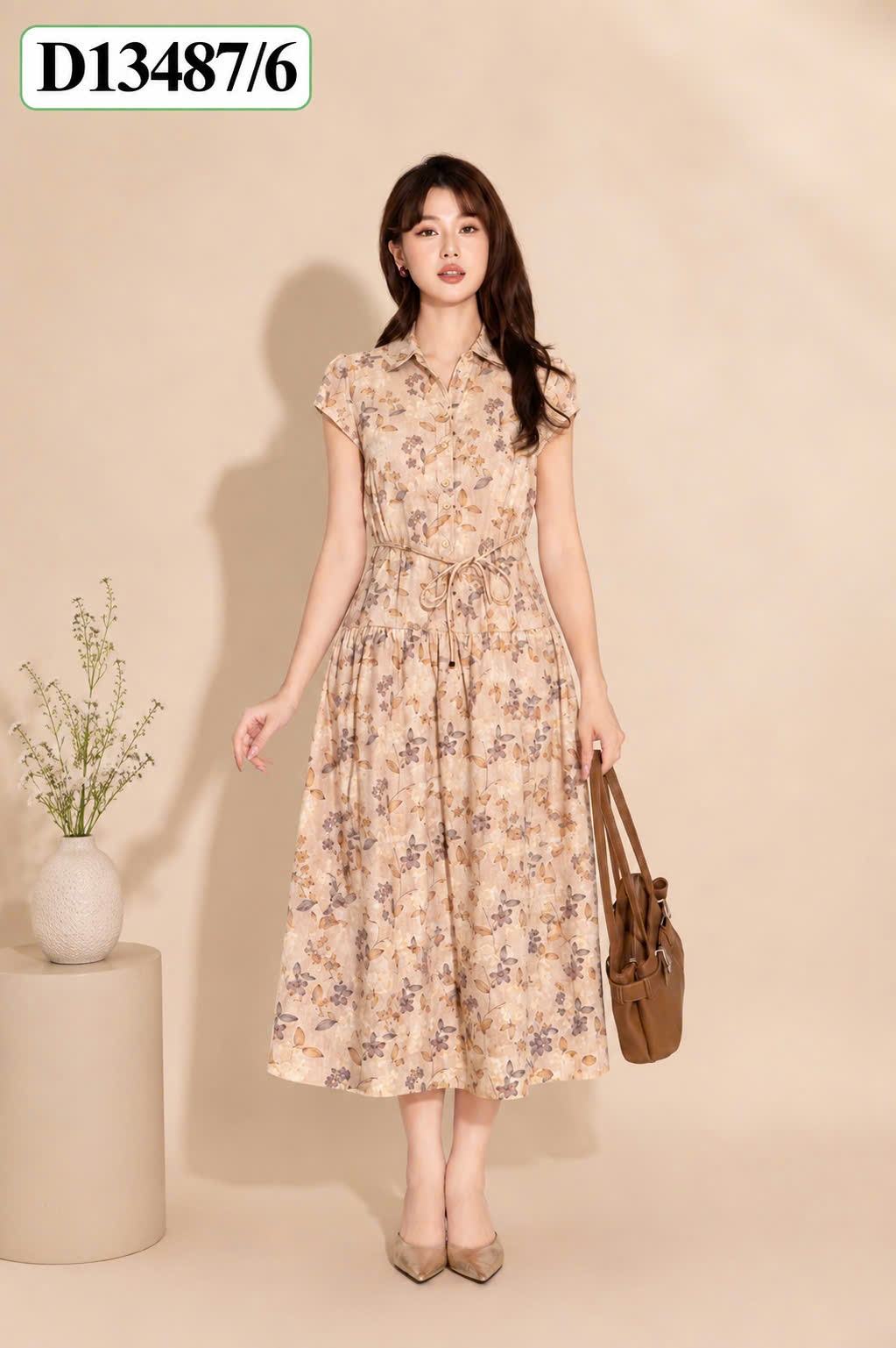 SWANLAKE | Váy Đầm Sơ Mi Nữ Tay Ngắn Dây Thắt Eo Vải Cotton Bông Nhí Công Sở Thanh Lịch D13487LW06