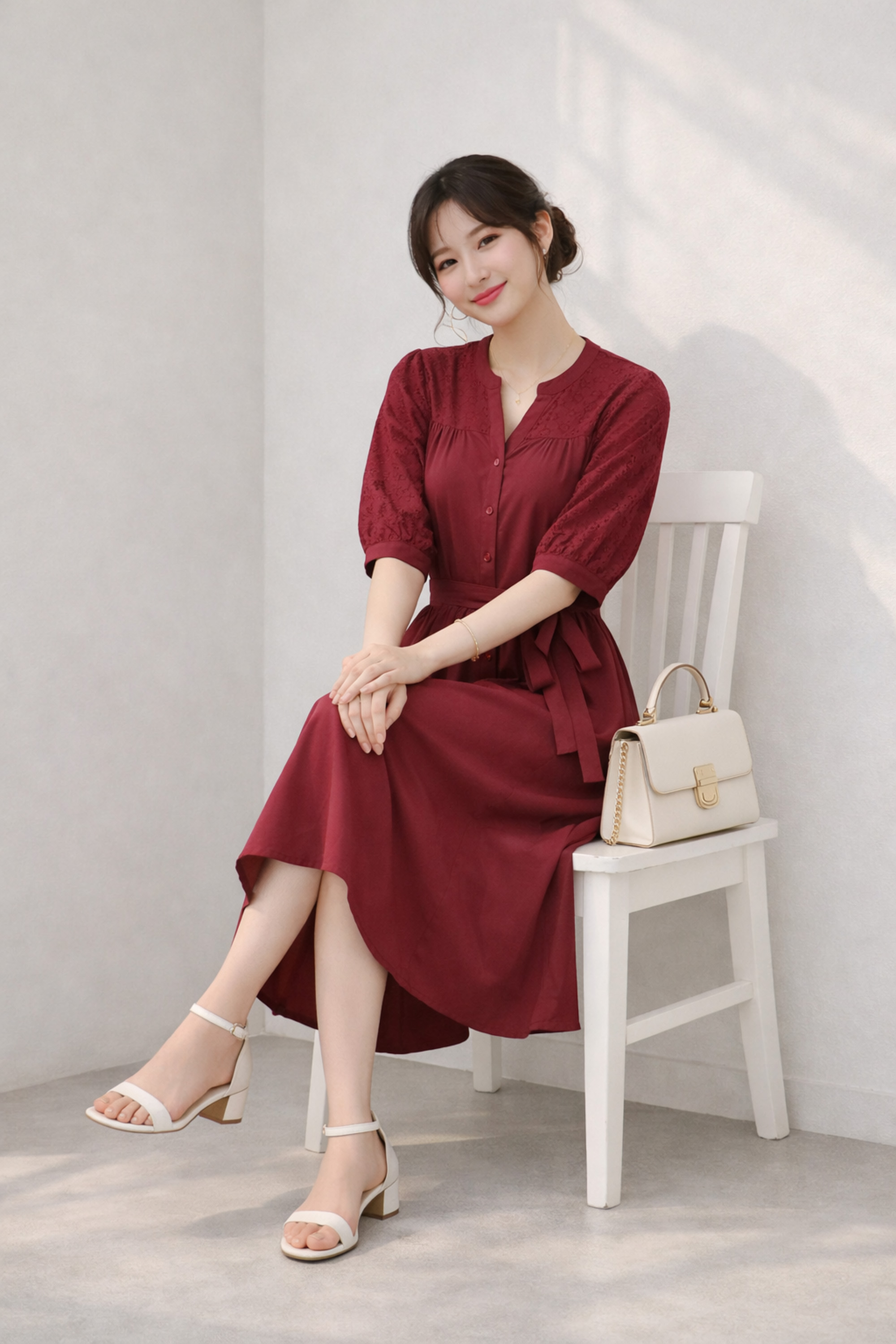 SWANLAKE | Váy Đầm Nữ Maxi Suông Cổ Trụ Cài Nút Cotton Phối Ren Dây Thắt Eo Tay Lỡ Công Sở D12821LW01
