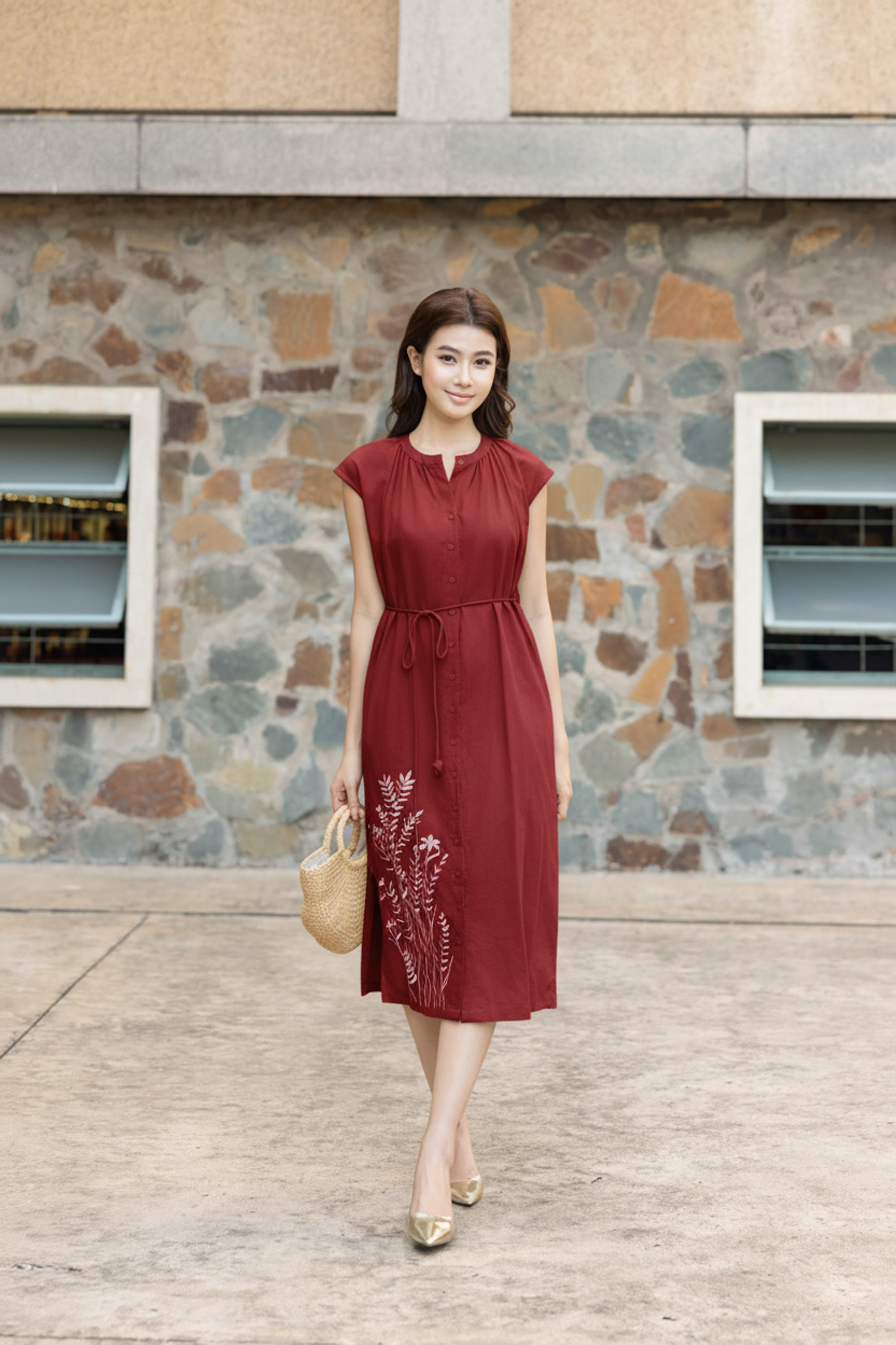 SWANLAKE | Váy Đầm Nữ Midi Cổ Chữ V Dây Thắt Eo Vải Linen Thêu Hoa Cài Nút Xẻ Tà Đi Biển D13519LW01