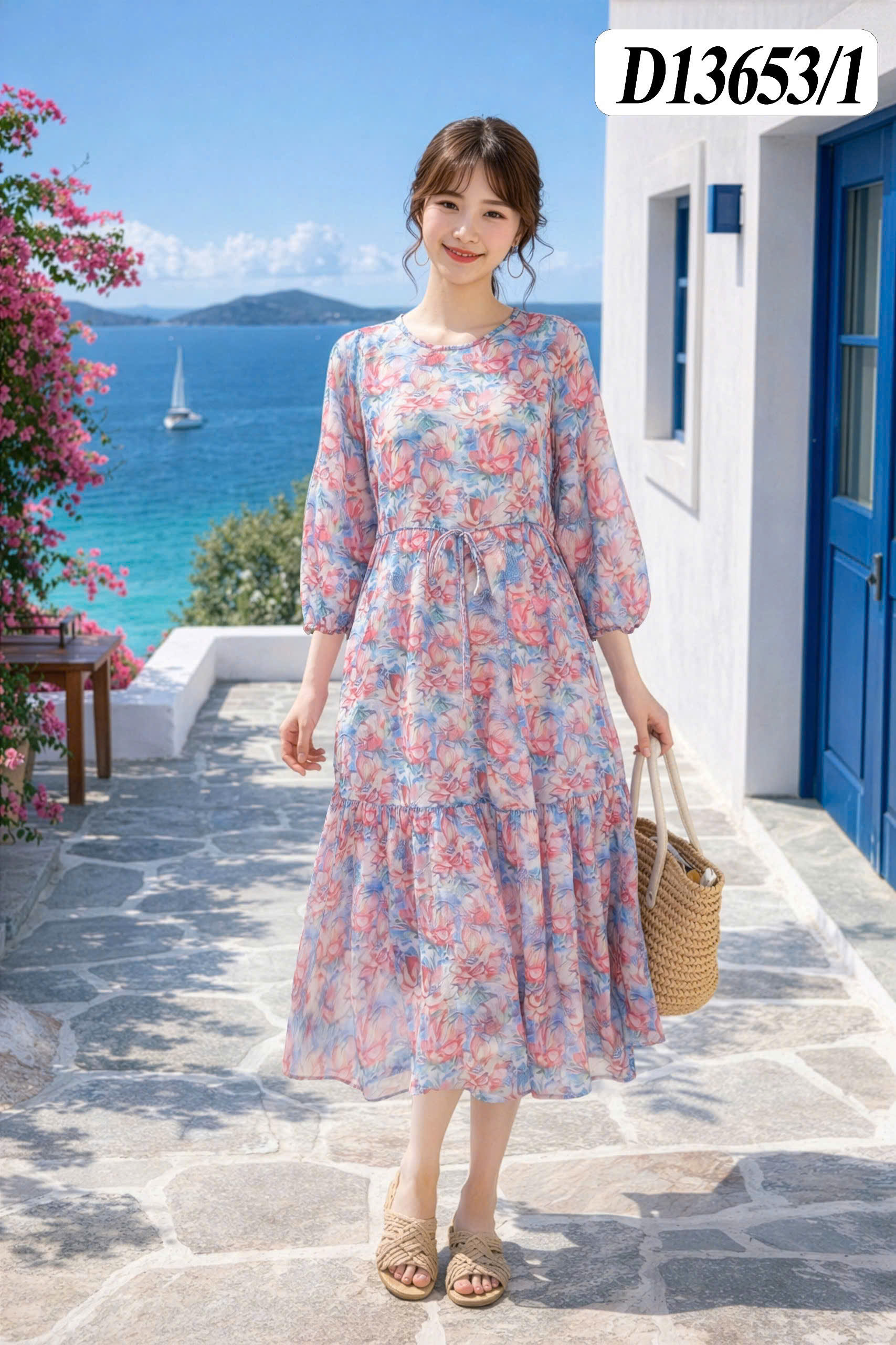 SWANLAKE | Váy Đầm Nữ Maxi Suông 2 Lớp Cổ Tròn Tay Dài Dây Thắt Eo Vải Tơ In Hoa Đi Biển Hè D13653LW01