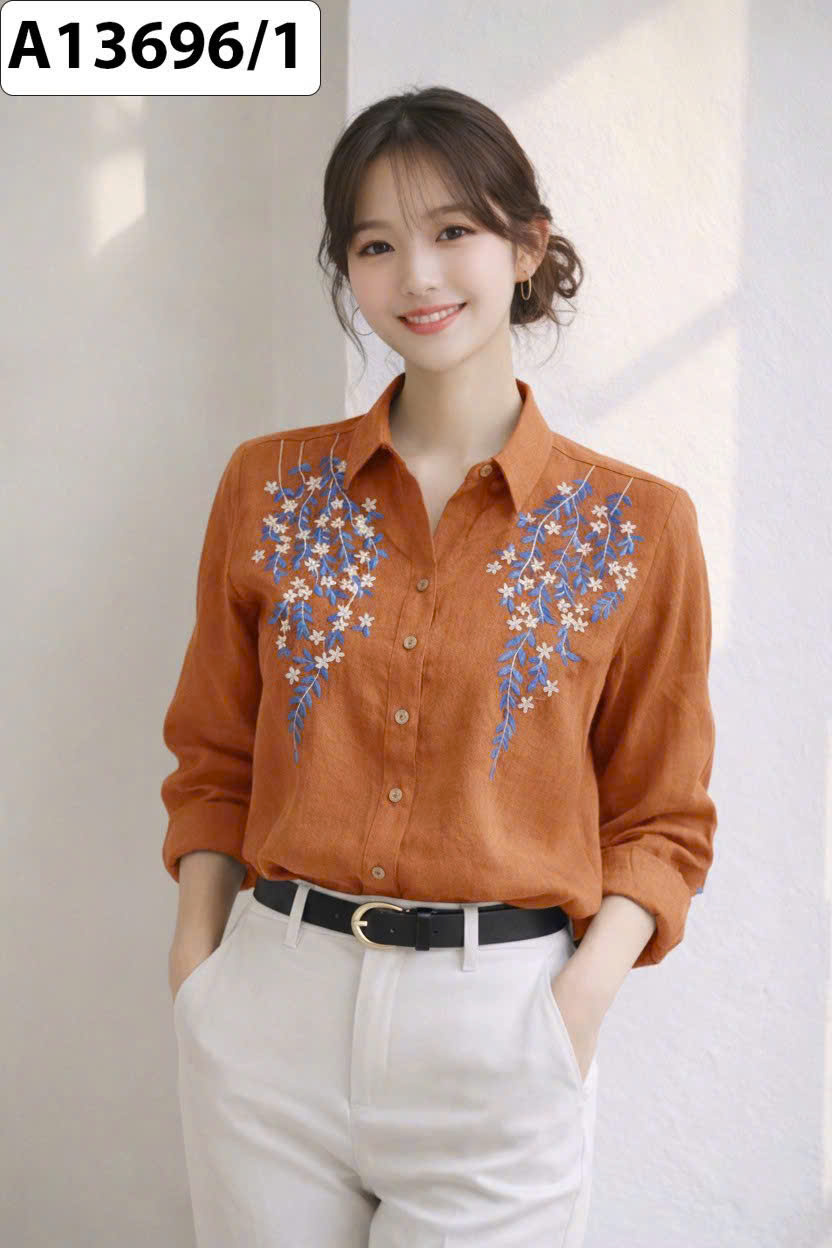 SWANLAKE | Áo Sơ Mi Nữ Vải Linen Tưng Premium Tay Dài Thêu Hoa Cao Cấp Công Sở Thanh Lịch A13696LW01