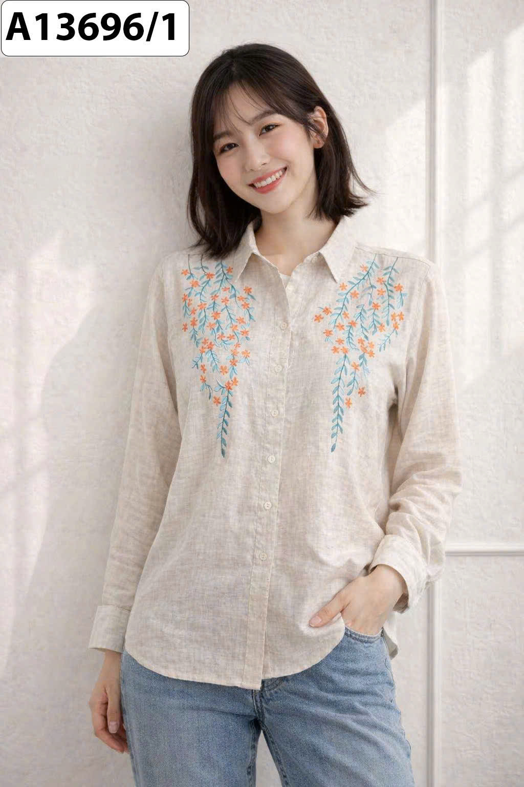 SWANLAKE | Áo Sơ Mi Nữ Vải Linen Tưng Premium Tay Dài Thêu Hoa Cao Cấp Công Sở Thanh Lịch A13696LW01