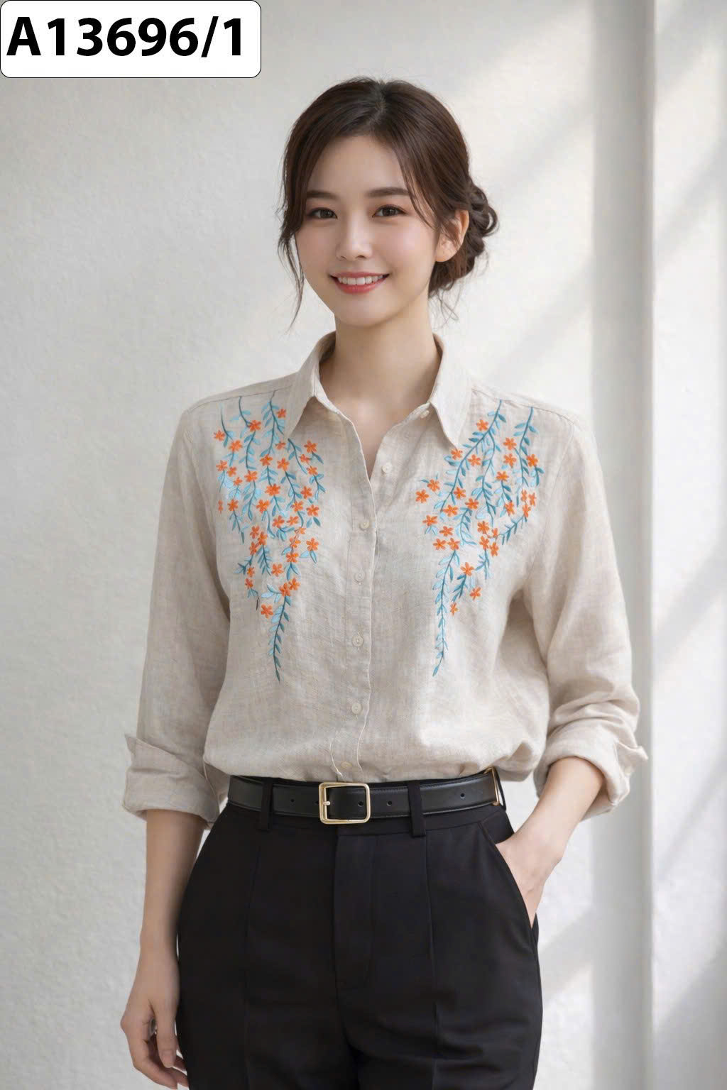 SWANLAKE | Áo Sơ Mi Nữ Vải Linen Tưng Premium Tay Dài Thêu Hoa Cao Cấp Công Sở Thanh Lịch A13696LW01