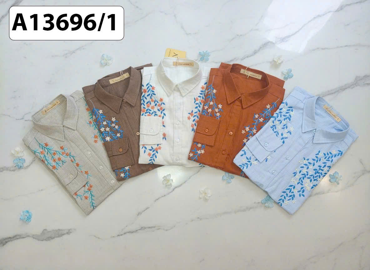 SWANLAKE | Áo Sơ Mi Nữ Vải Linen Tưng Premium Tay Dài Thêu Hoa Cao Cấp Công Sở Thanh Lịch A13696LW01
