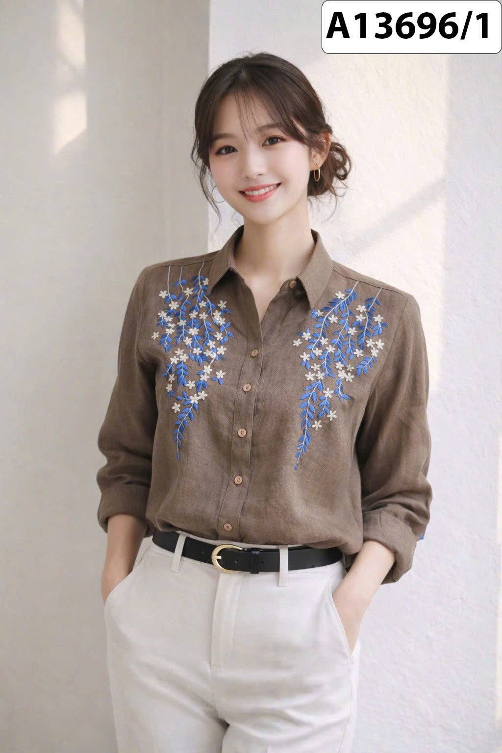 SWANLAKE | Áo Sơ Mi Nữ Vải Linen Tưng Premium Tay Dài Thêu Hoa Cao Cấp Công Sở Thanh Lịch A13696LW01