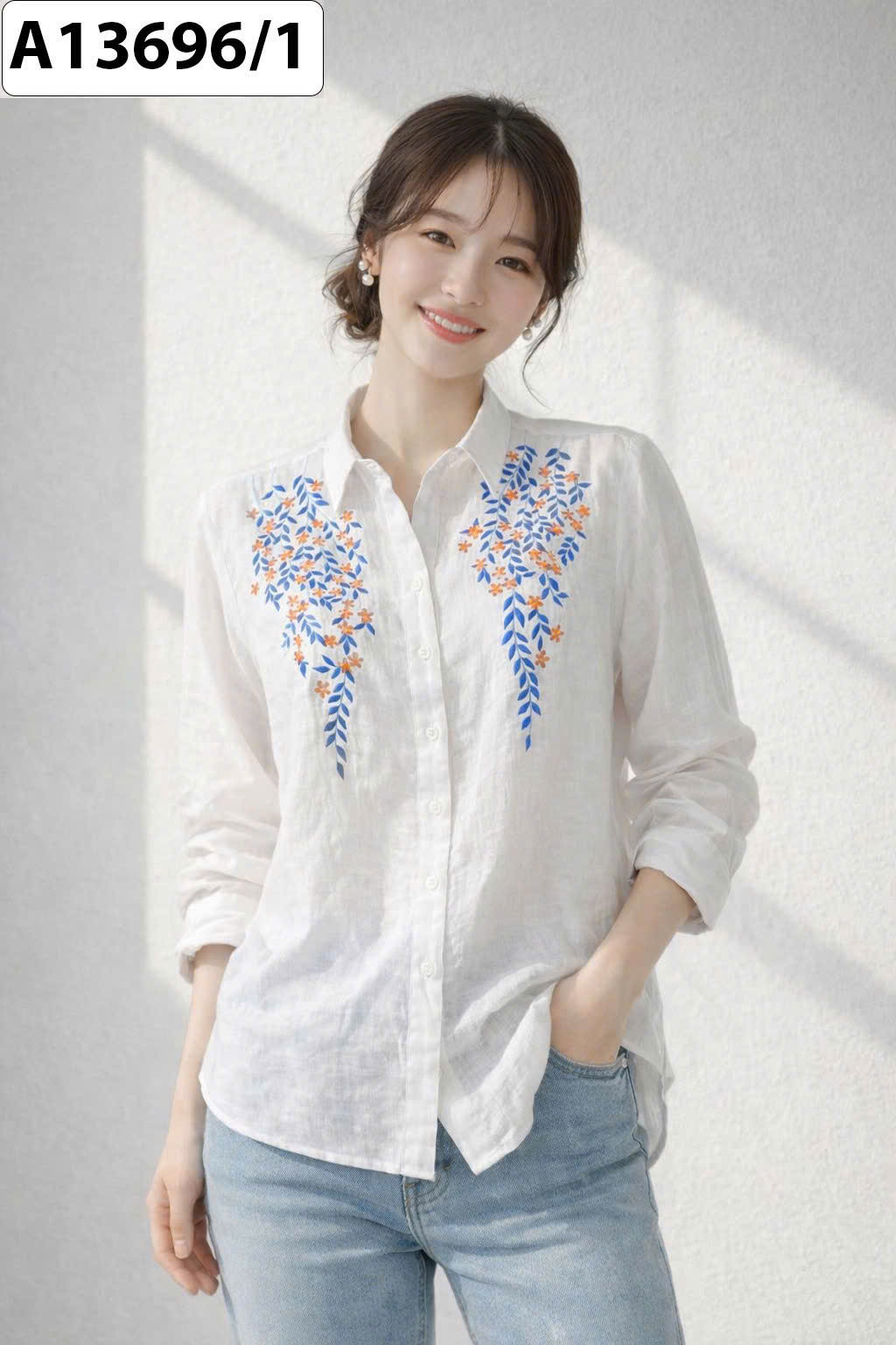 SWANLAKE | Áo Sơ Mi Nữ Vải Linen Tưng Premium Tay Dài Thêu Hoa Cao Cấp Công Sở Thanh Lịch A13696LW01