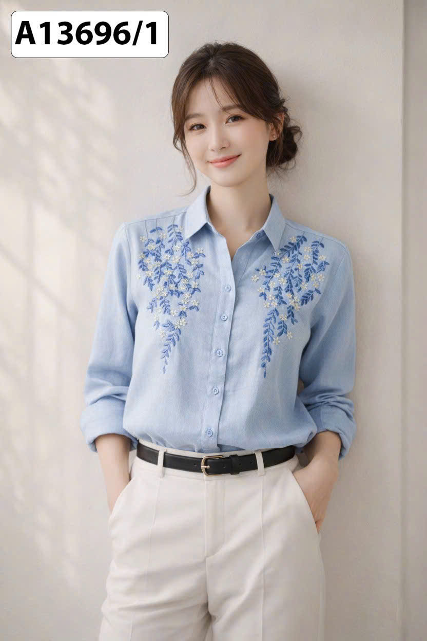 SWANLAKE | Áo Sơ Mi Nữ Vải Linen Tưng Premium Tay Dài Thêu Hoa Cao Cấp Công Sở Thanh Lịch A13696LW01
