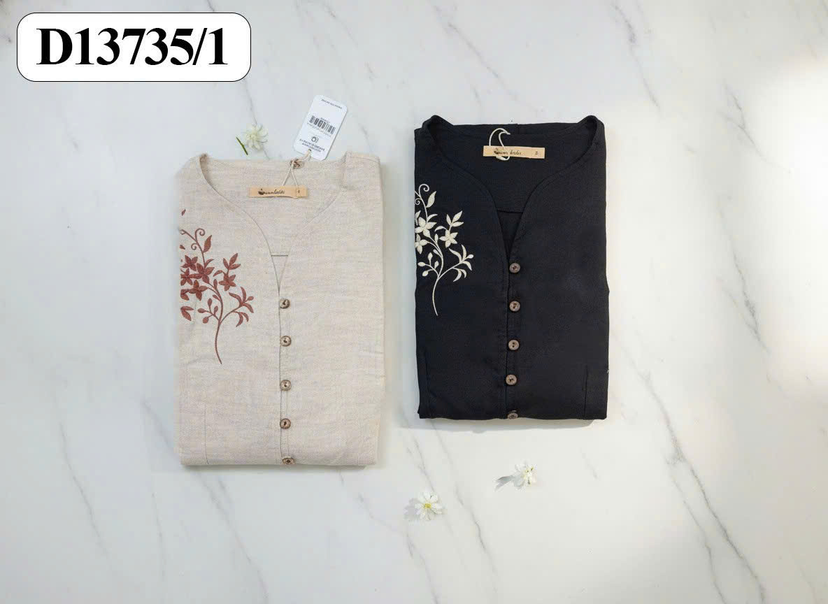 SWANLAKE | Váy Đầm Nữ Suông Dài Sát Nách Cài Nút Cổ Chữ V Vải Linen Thêu Hoa Công Sở Dạo Phố D13735LW01