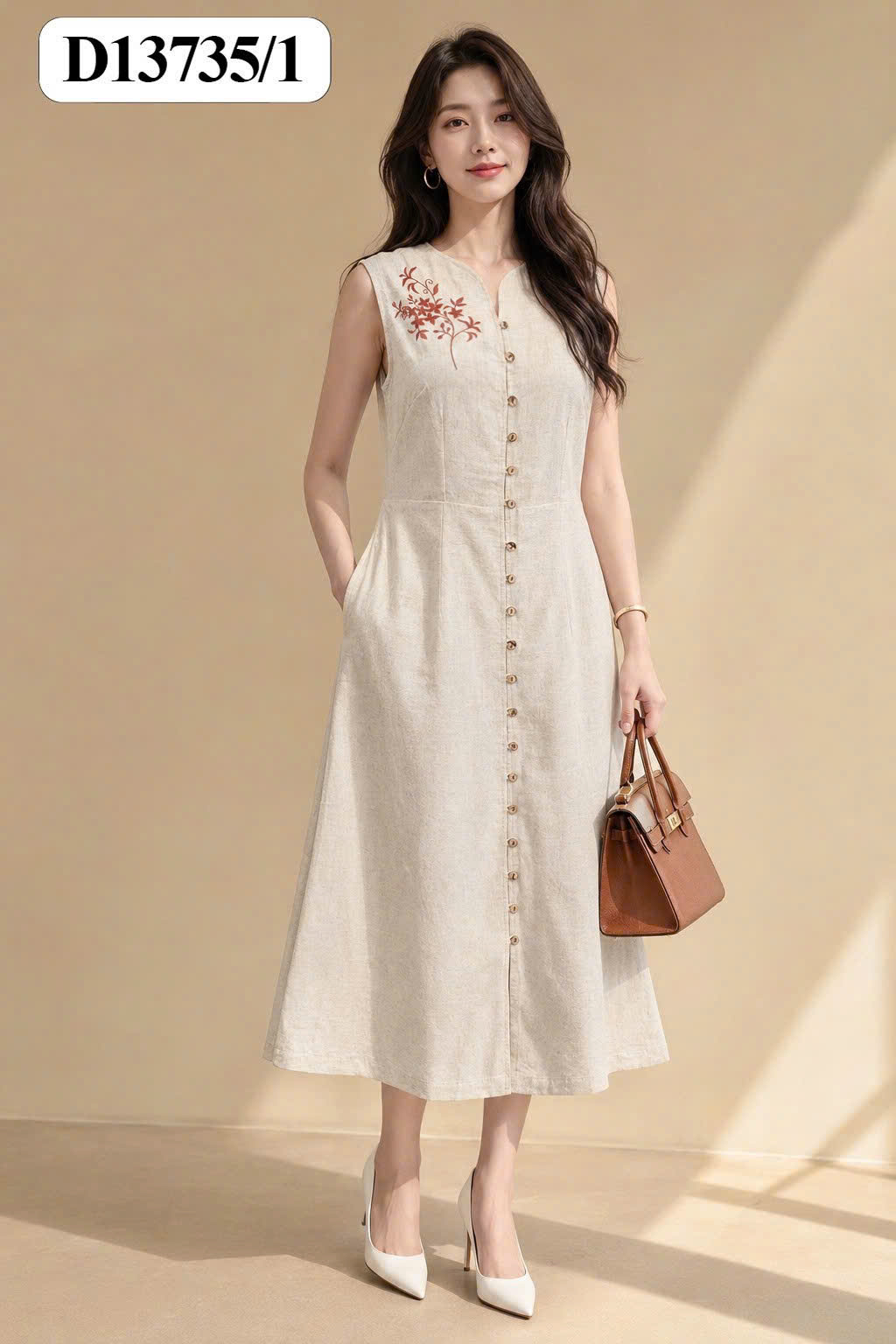SWANLAKE | Váy Đầm Nữ Suông Dài Sát Nách Cài Nút Cổ Chữ V Vải Linen Thêu Hoa Công Sở Dạo Phố D13735LW01