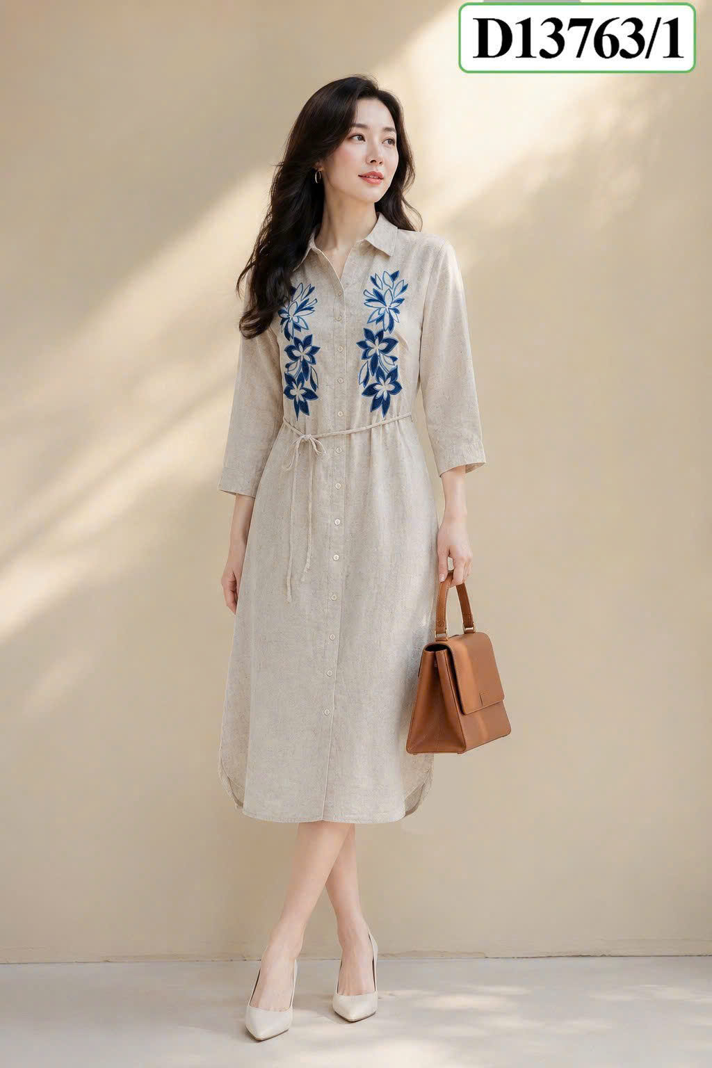 SWANLAKE | Váy Đầm Nữ Sơ Mi Suông Cài Nút Vải Linen Hàn Thêu Hoa Tay Lỡ Dây Thắt Eo Công Sở D13763LW01