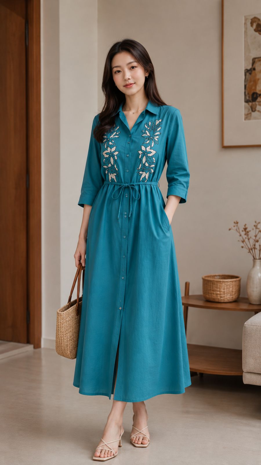 SWANLAKE | Váy Đầm Nữ Sơ Mi Suông Cài Nút Vải Linen Hàn Thêu Hoa Tay Lỡ Dây Thắt Eo Công Sở D13763LW01