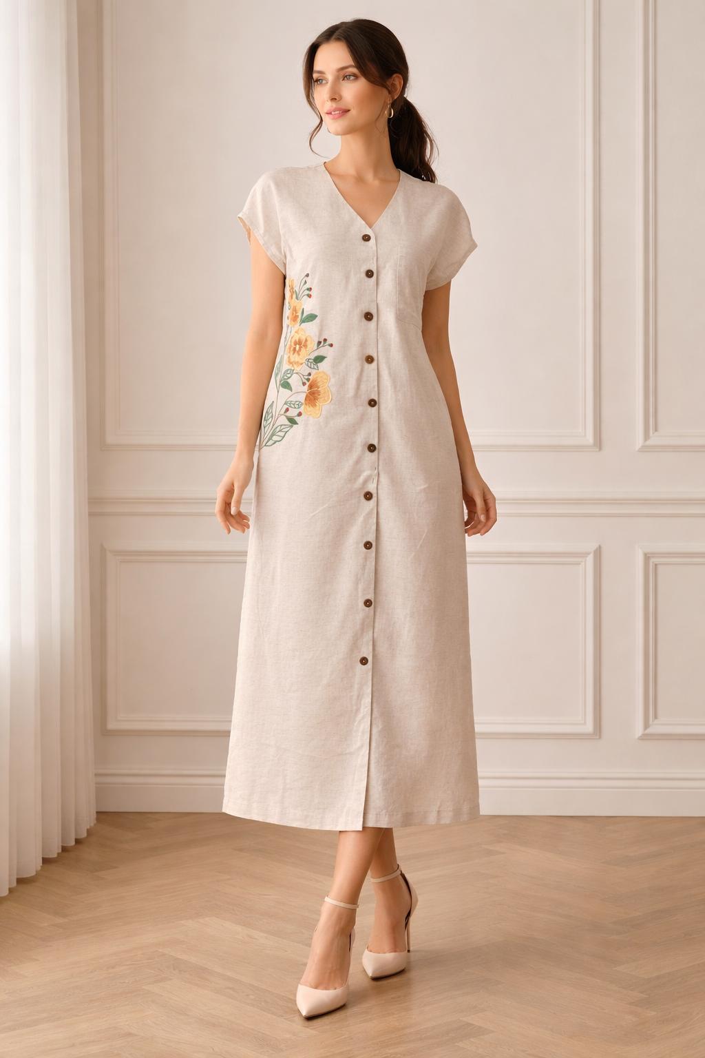 SWANLAKE | Váy Đầm Nữ Maxi Suông Tay Hến Cổ Chữ V Cài Nút Vải Linen Thêu Hoa Công Sở Dạo Phố D13782LW01