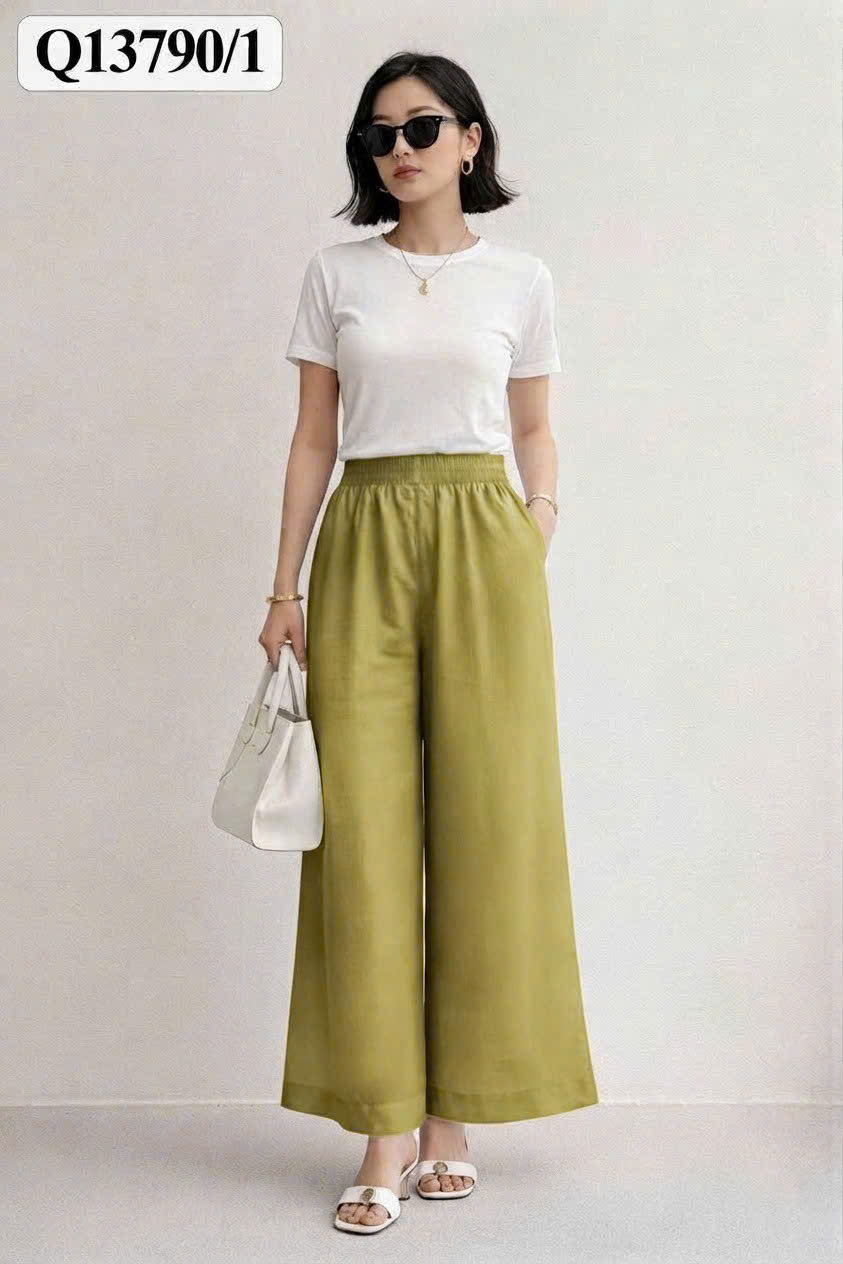 SWANLAKE | Quần Dài Nữ Dáng Suông Ống Rộng Vải Linen Tơ Bản Lưng Thun Cao Cấp Q13790LW01
