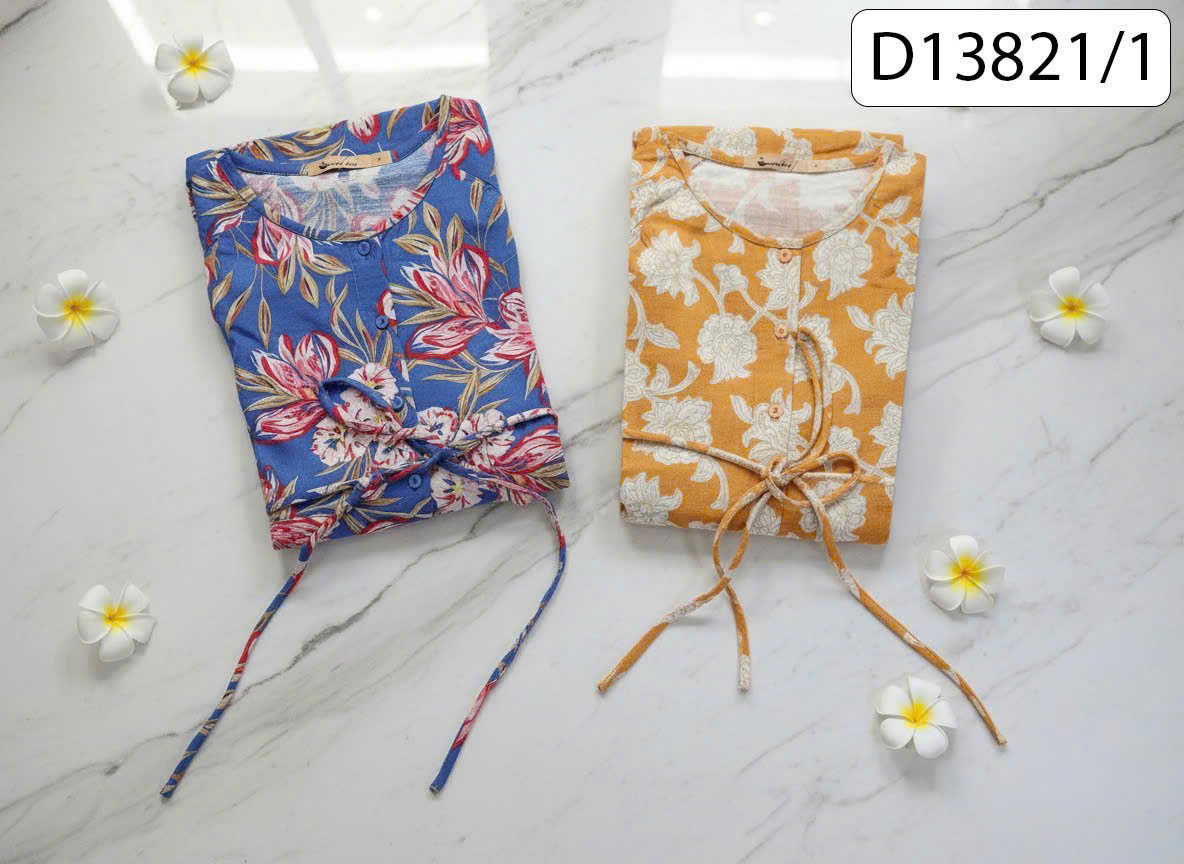SWANLAKE | Váy Đầm Nữ Maxi Vải Linen Cổ Tròn Cài Nút Tay Hến Dây Thắt Eo In Hoa D13821LW01