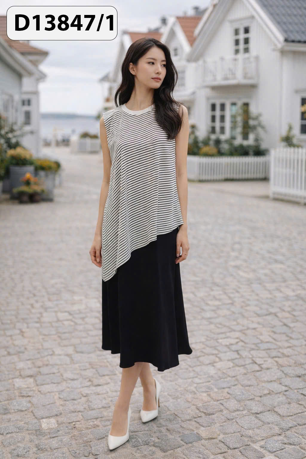 SWANLAKE | Váy Đầm Nữ Dài Phối Áo Sát Nách Vạt Chéo Kẻ Sọc Vải Thun Linen Hàn Cổ Tròn Dạo Phố D13847LW01
