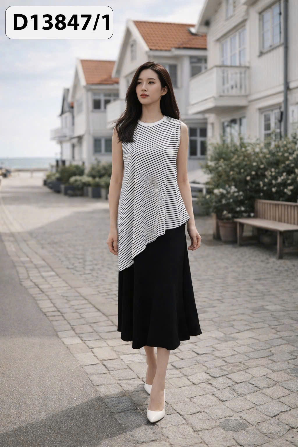 SWANLAKE | Váy Đầm Nữ Dài Phối Áo Sát Nách Vạt Chéo Kẻ Sọc Vải Thun Linen Hàn Cổ Tròn Dạo Phố D13847LW01