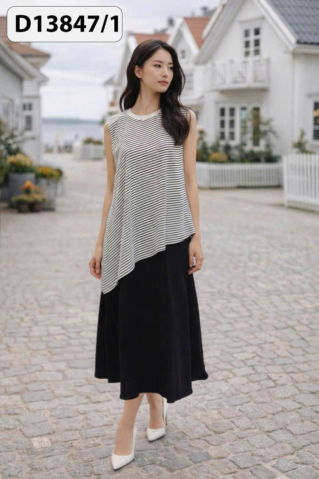 SWANLAKE | Váy Đầm Nữ Dài Phối Áo Sát Nách Vạt Chéo Kẻ Sọc Vải Thun Linen Hàn Cổ Tròn Dạo Phố D13847LW01