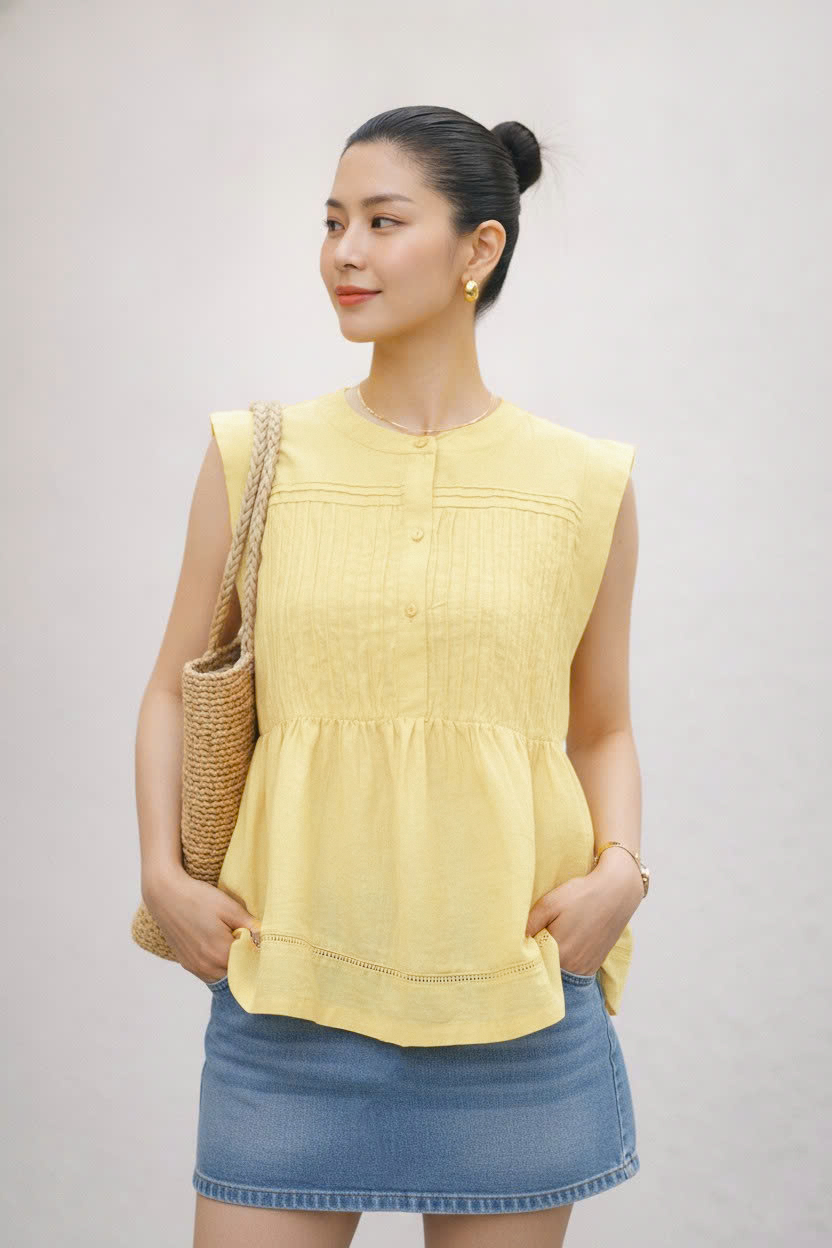 SWANLAKE | Áo Kiểu Nữ Sát Nách Dáng Babydoll Xếp Ly Cổ Tròn Chất Tơ Cotton Dạo Phố Hè A13863LW01