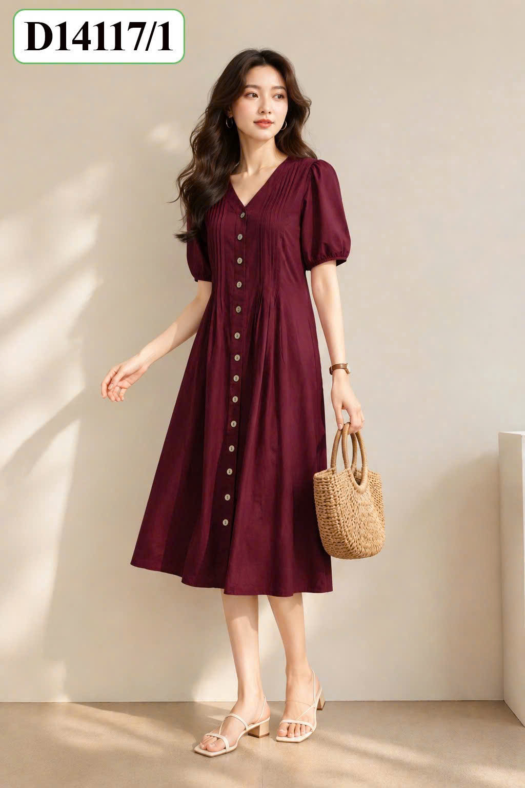 SWANLAKE | Váy Đầm Nữ Midi Cổ Chữ V Cài Nút Tay Ngắn Phồng Vải Linen Xếp Ly Chiết Eo Công Sở D14117LW01