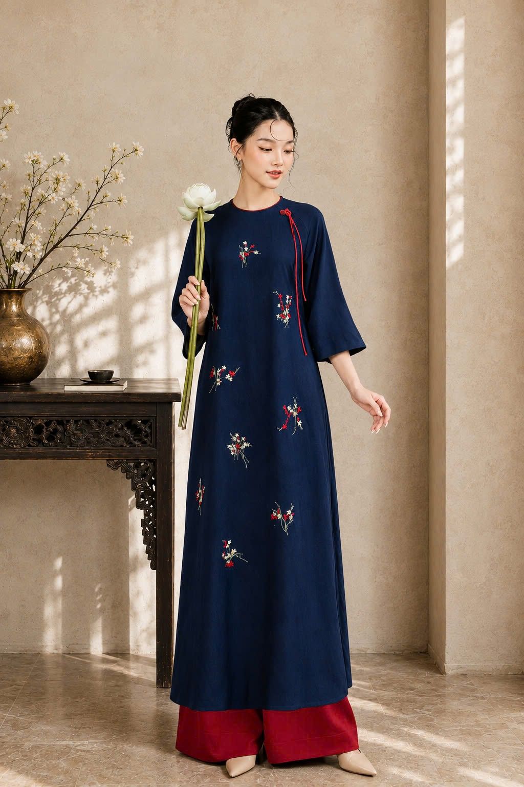 Áo Dài Cách Tân Suông Linen Thêu Hoa L14229LW01