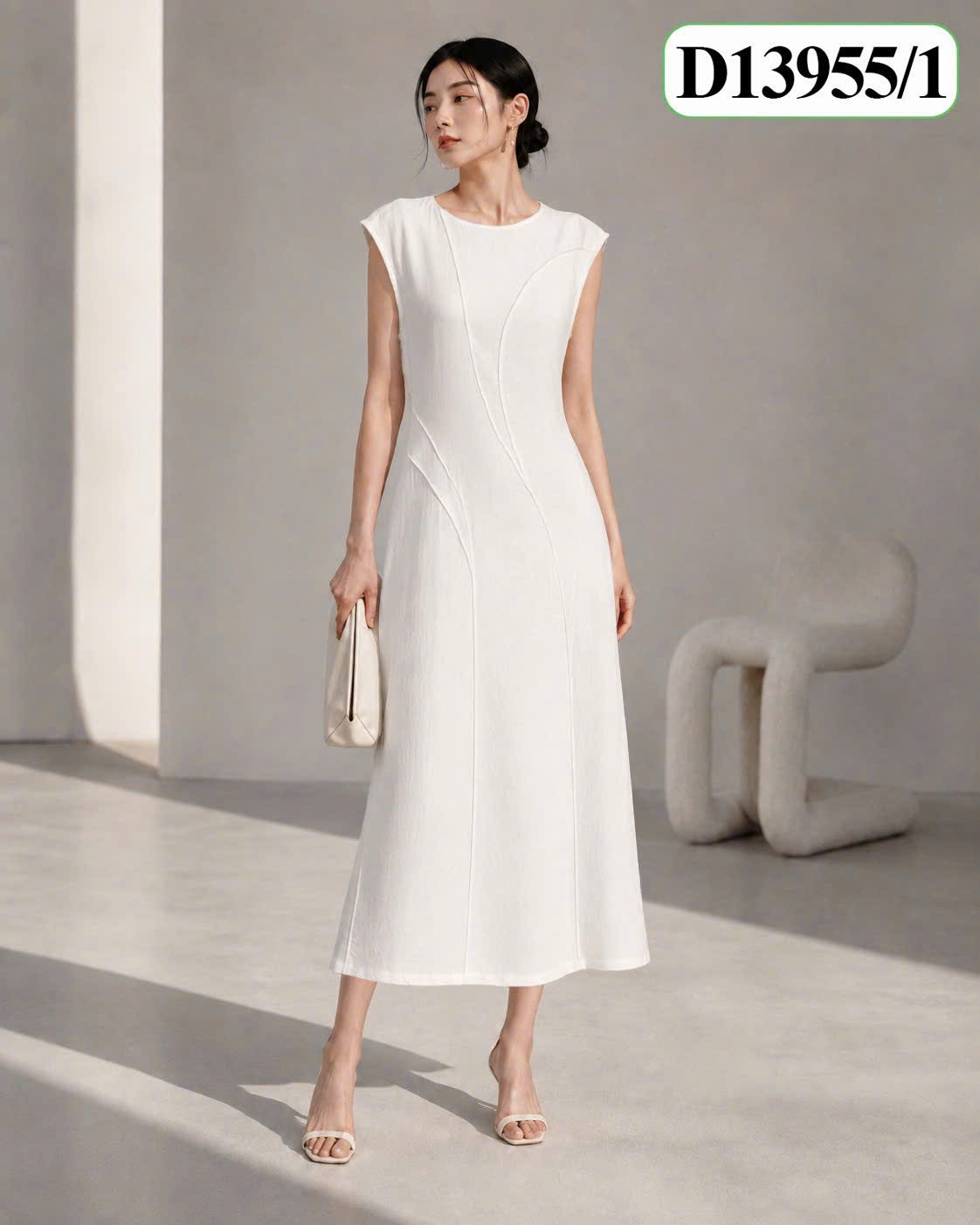 SWANLAKE | Váy Đầm Nữ Dài Sát Nách Cổ Tròn Viền Nổi Chiết Eo Vải Linen Công Sở Thanh Lịch D13955LW01